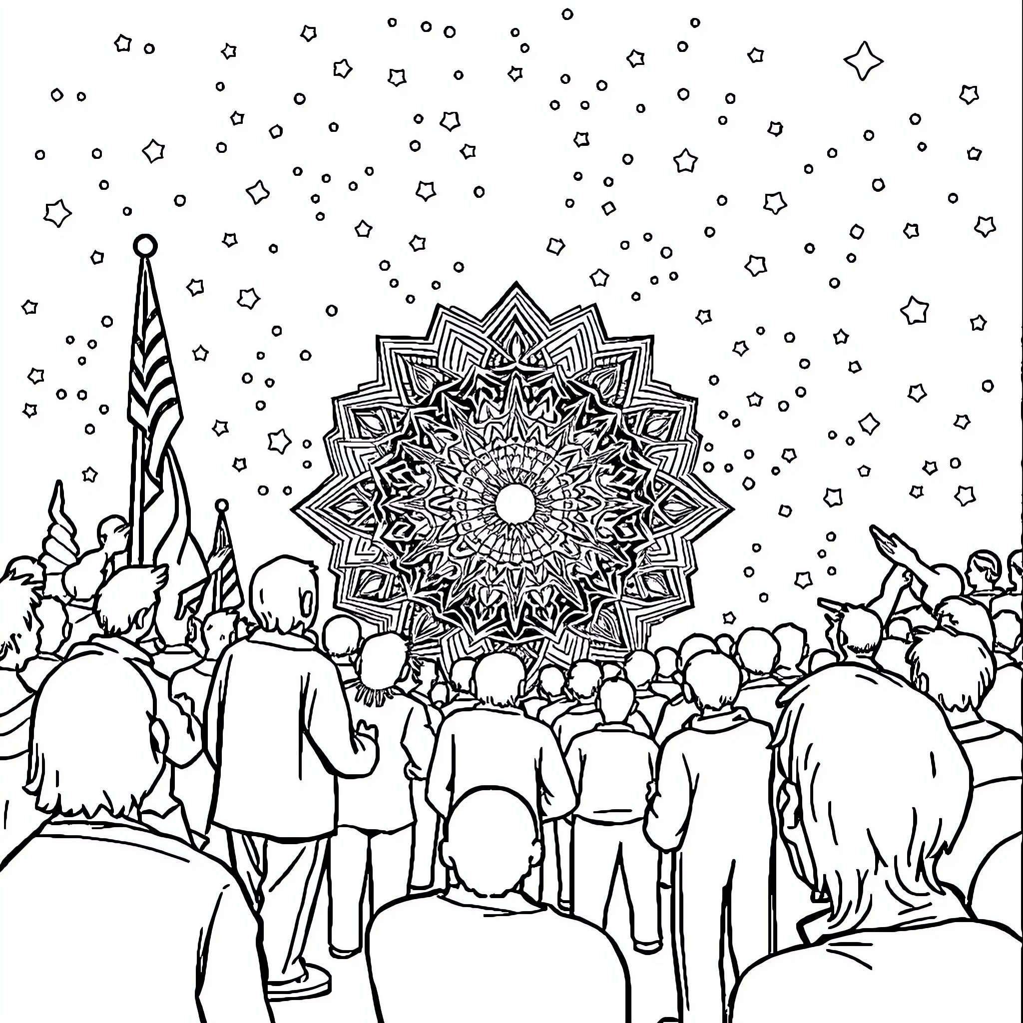 Mandeleffekt: People gathered under a hypnotic mandala Coloring Page (free black-and-white line drawing printable PDF for all, from beginners to advanced learners, including children, teens, adults, and seniors)