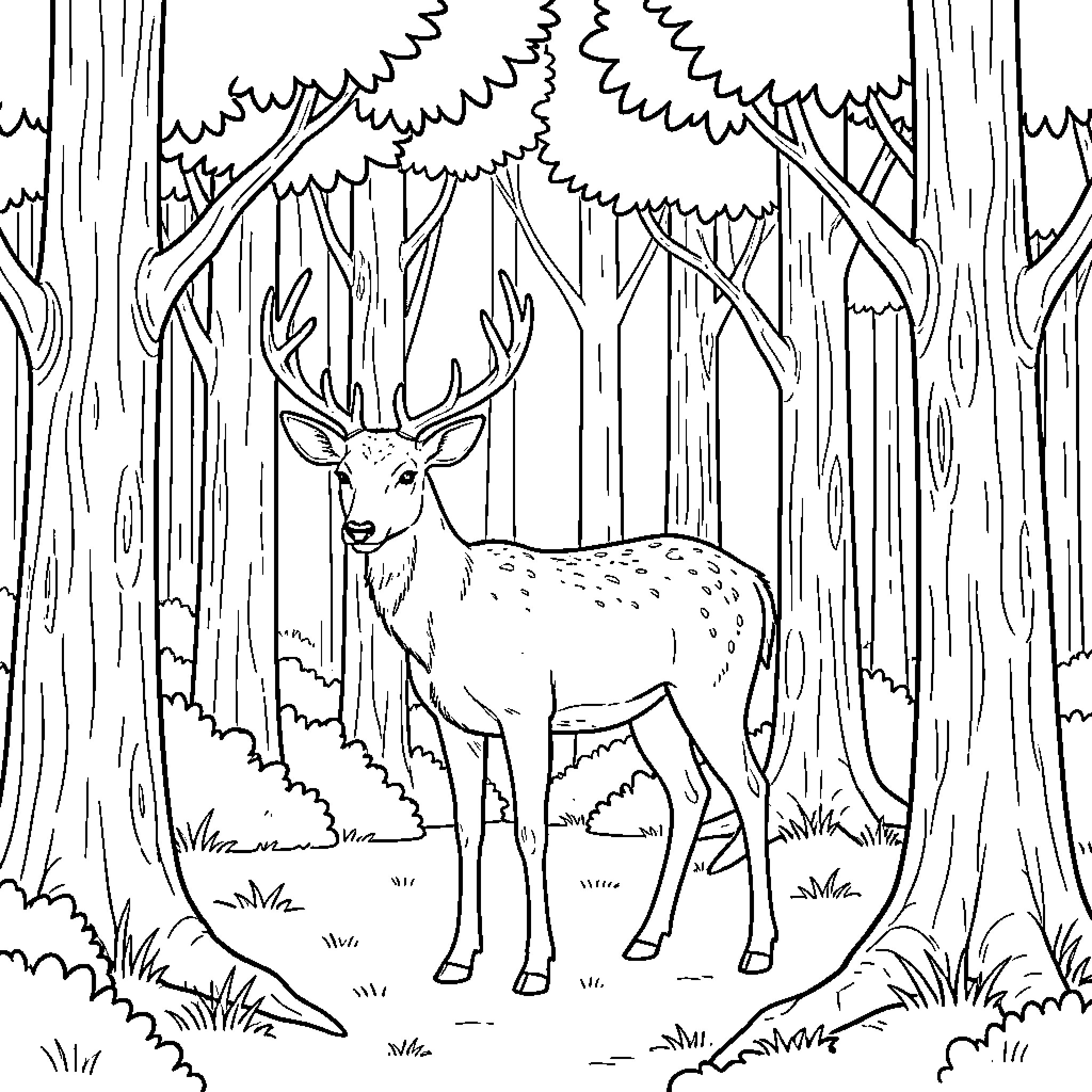 Deer standing peacefully in a dense forest Coloring Page (free black-and-white line drawing printable PDF for all, from beginners to advanced learners, including children, teens, adults, and seniors)