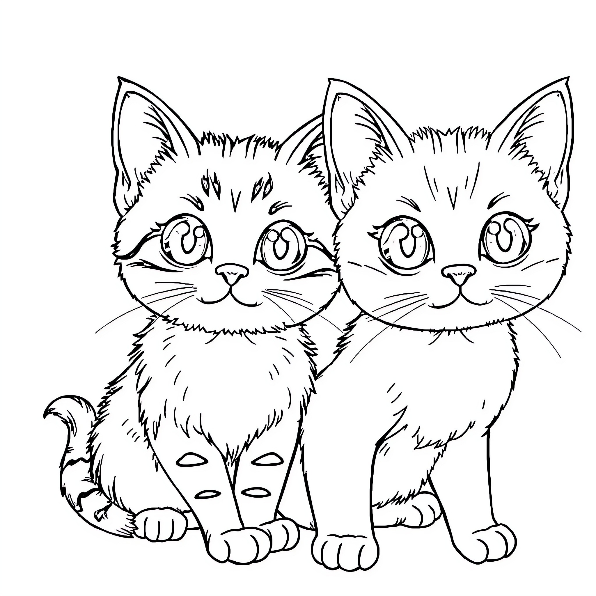 Cat Kittens Playing Innocently Coloring Page (free black-and-white line drawing printable PDF for all, from beginners to advanced learners, including children, teens, adults, and seniors)