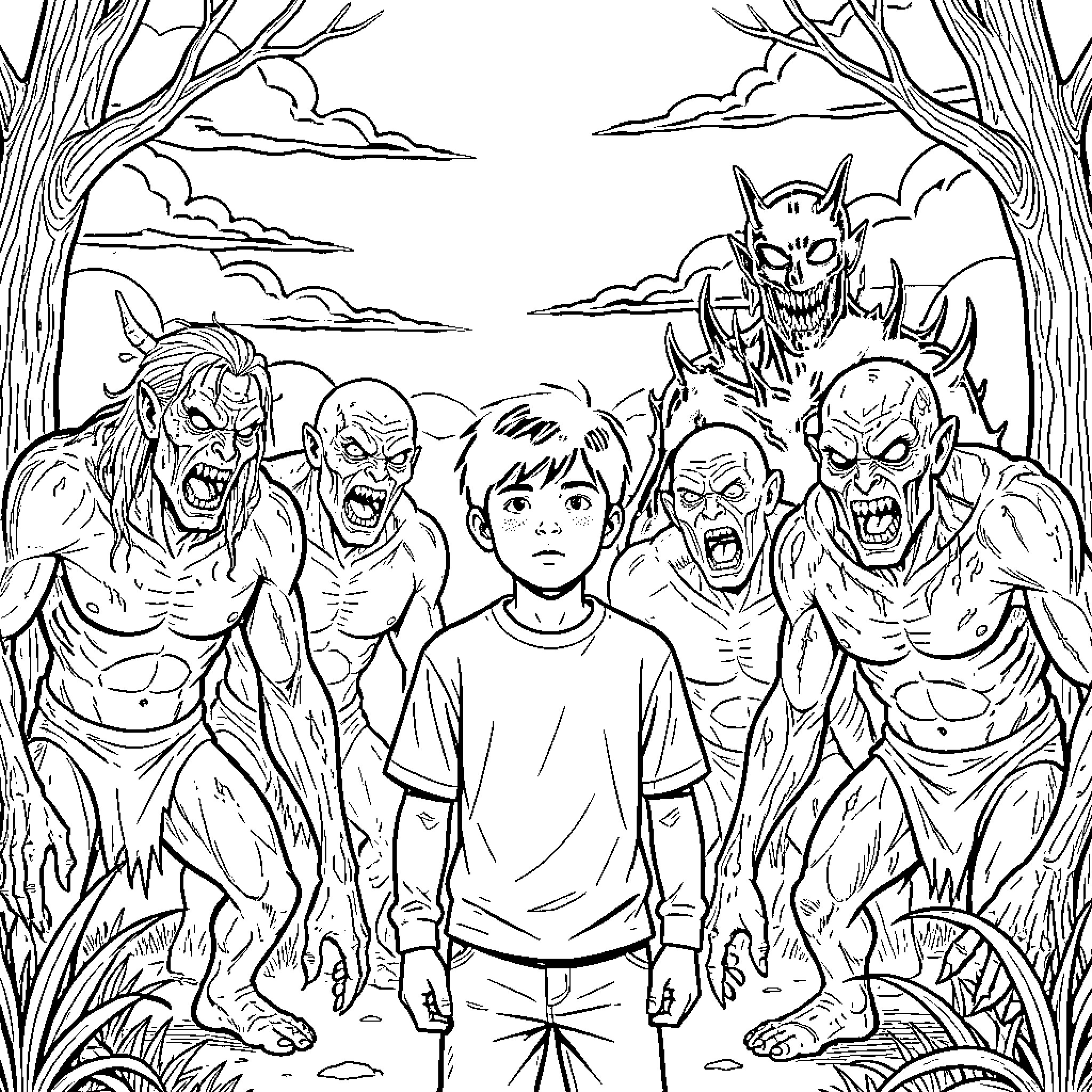 Will Byers surrounded by terrifying creatures in the woods Coloring Page (free black-and-white line drawing printable PDF for all, from beginners to advanced learners, including children, teens, adults, and seniors)