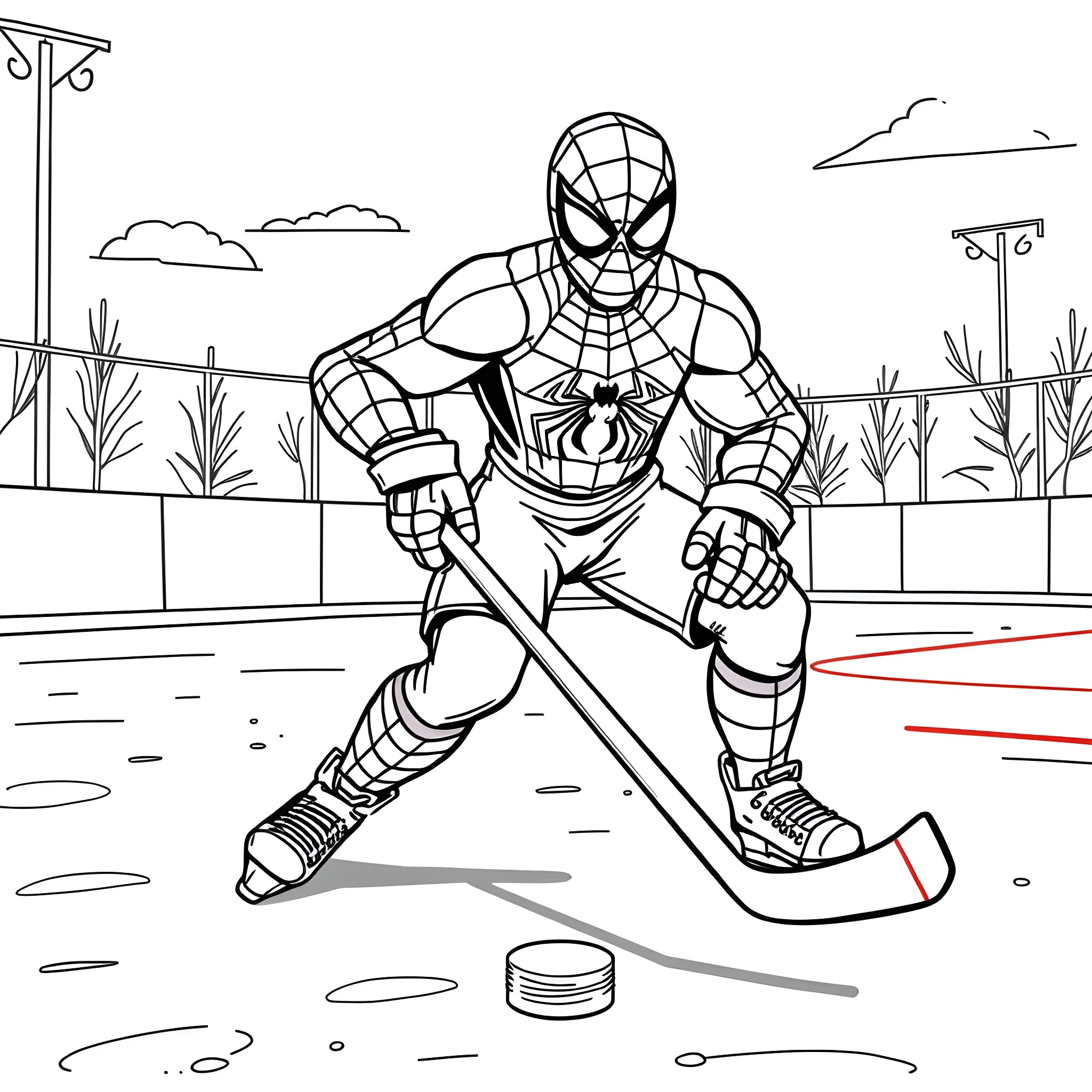Spiderman playing hockey on the ice rink Coloring Page (free black-and-white line drawing printable PDF for all, from beginners to advanced learners, including children, teens, adults, and seniors)