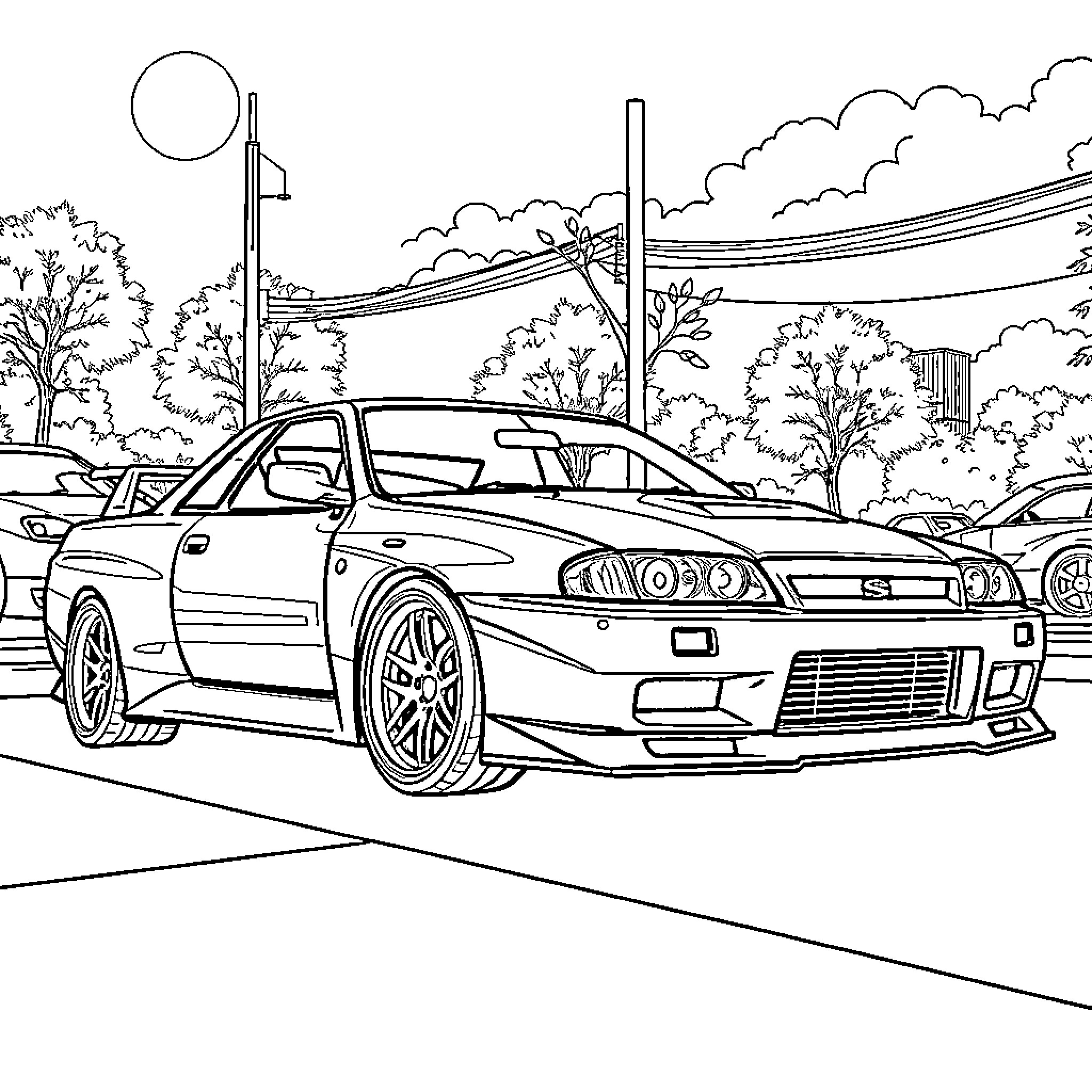 Skyline of tuned sports car in the city Coloring Page (free black-and-white line drawing printable PDF for all, from beginners to advanced learners, including children, teens, adults, and seniors)