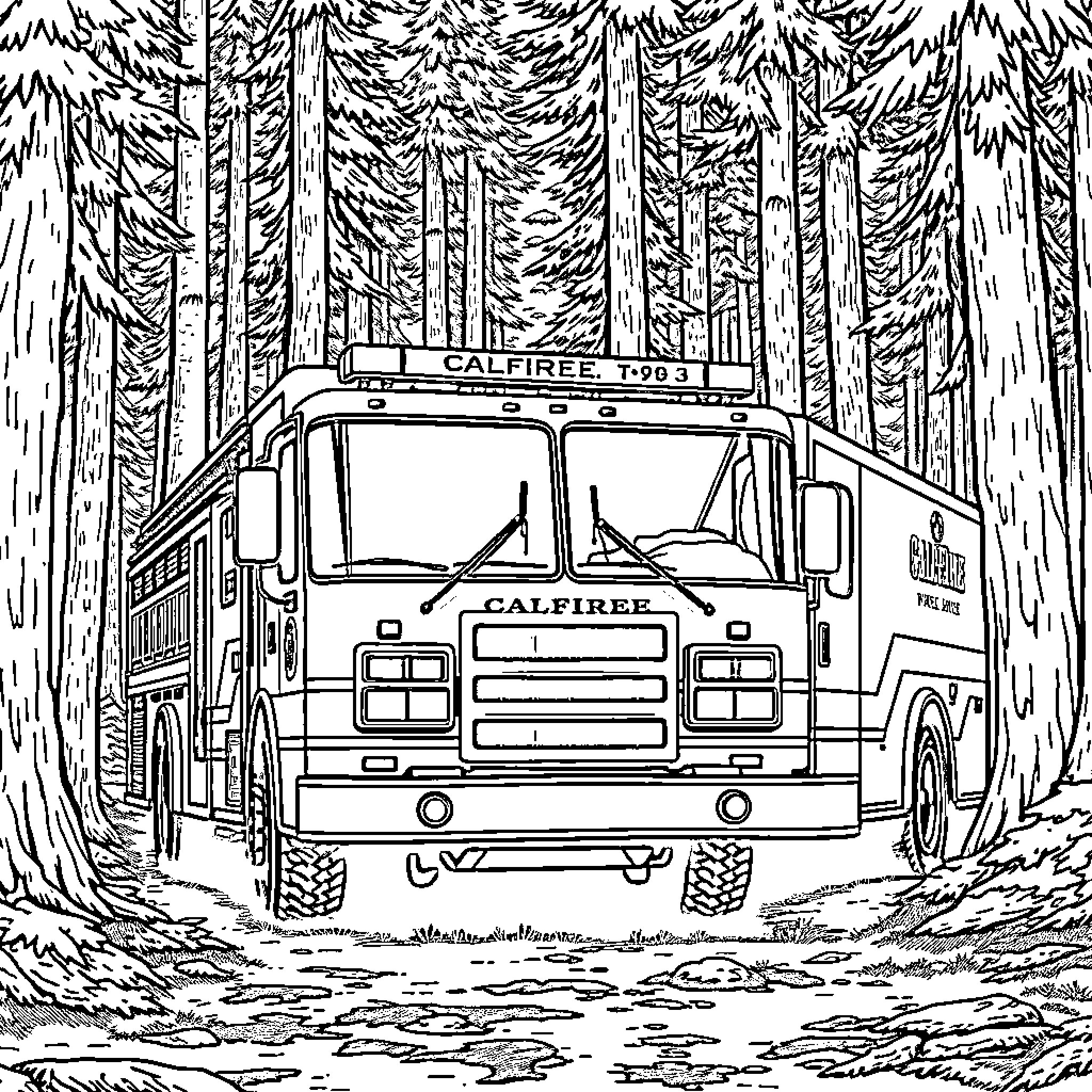 Fire Engine rushing to fight forest fire Coloring Page (free black-and-white line drawing printable PDF for all, from beginners to advanced learners, including children, teens, adults, and seniors)