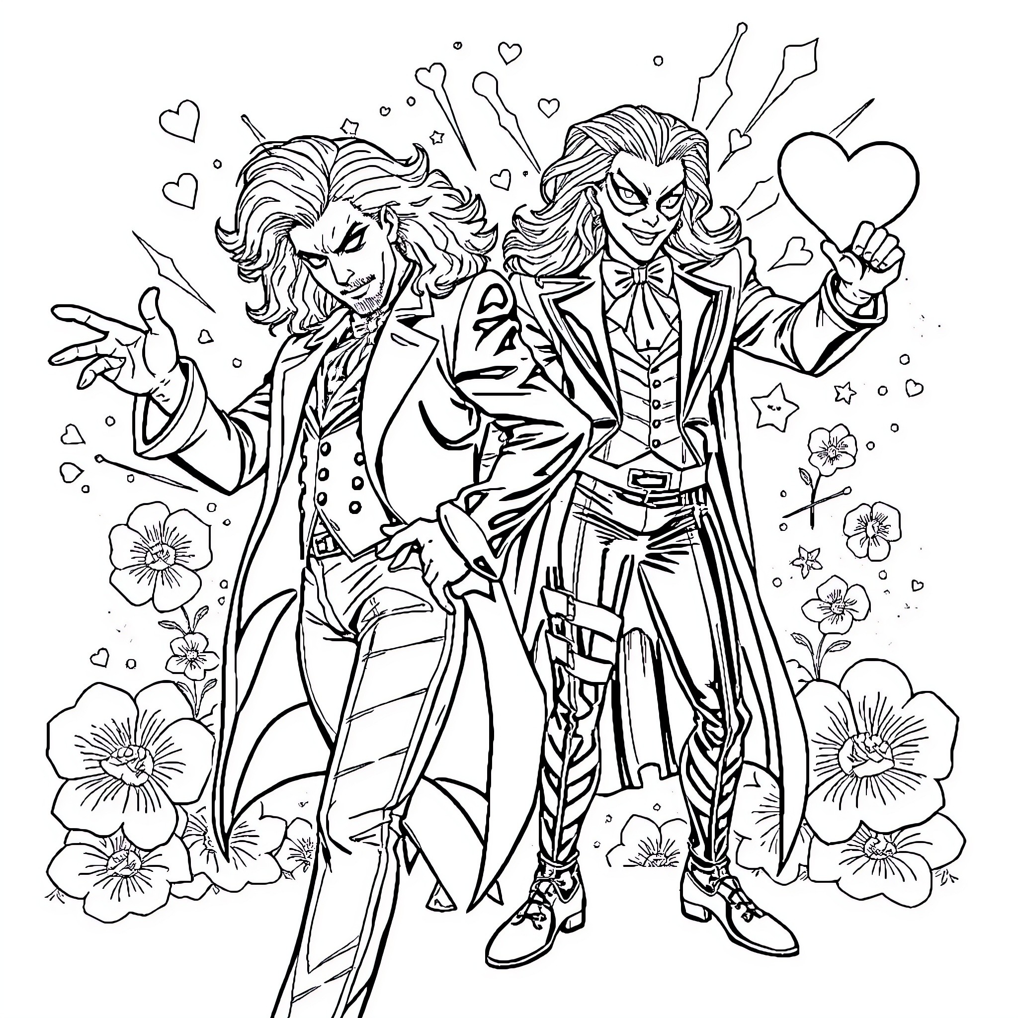 Dio Brando's Charismatic Duo in Lively Floral Display Coloring Page (free black-and-white line drawing printable PDF for all, from beginners to advanced learners, including children, teens, adults, and seniors)