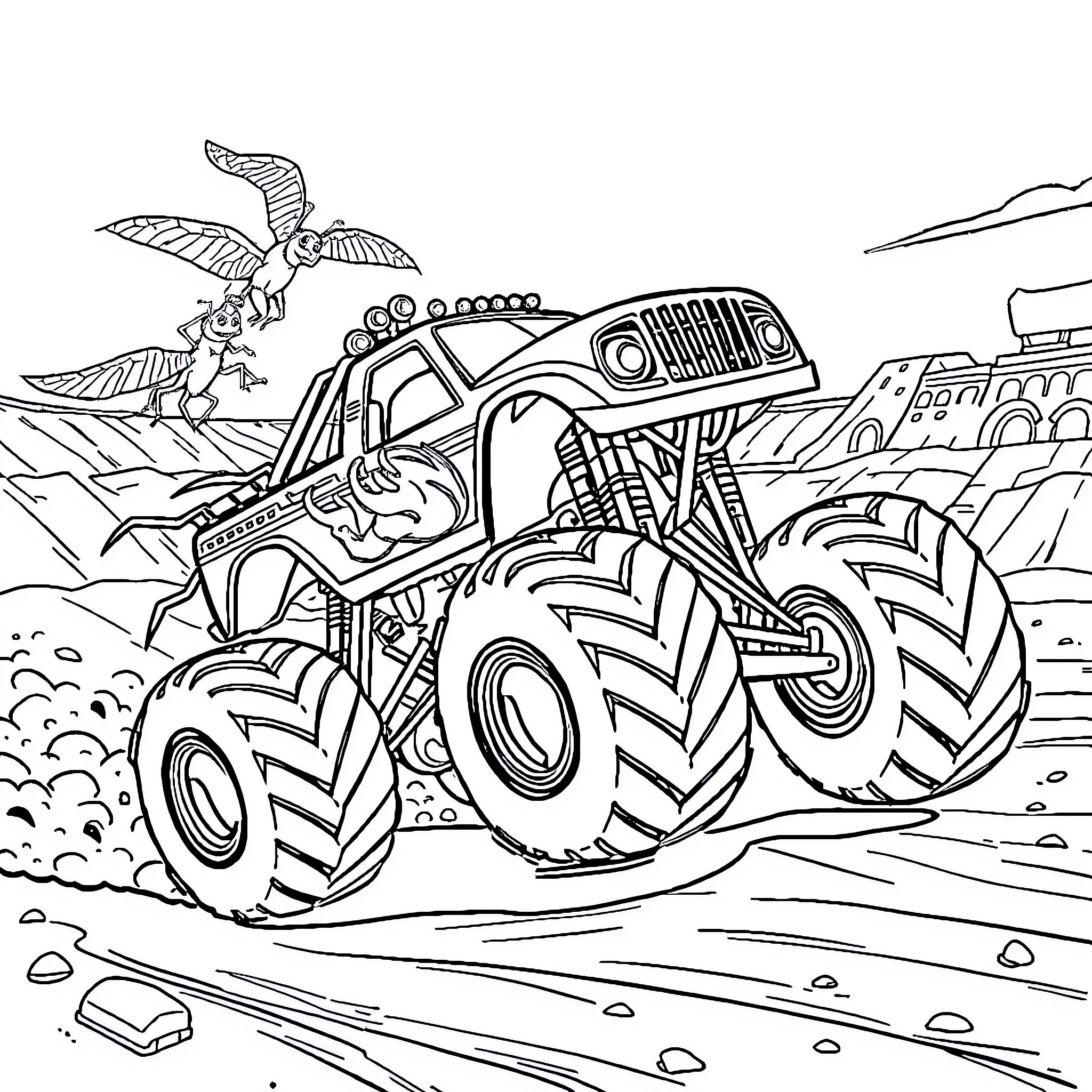 Monster Truck Crushing Obstacles in the Desert Coloring Page (free black-and-white line drawing printable PDF for all, from beginners to advanced learners, including children, teens, adults, and seniors)