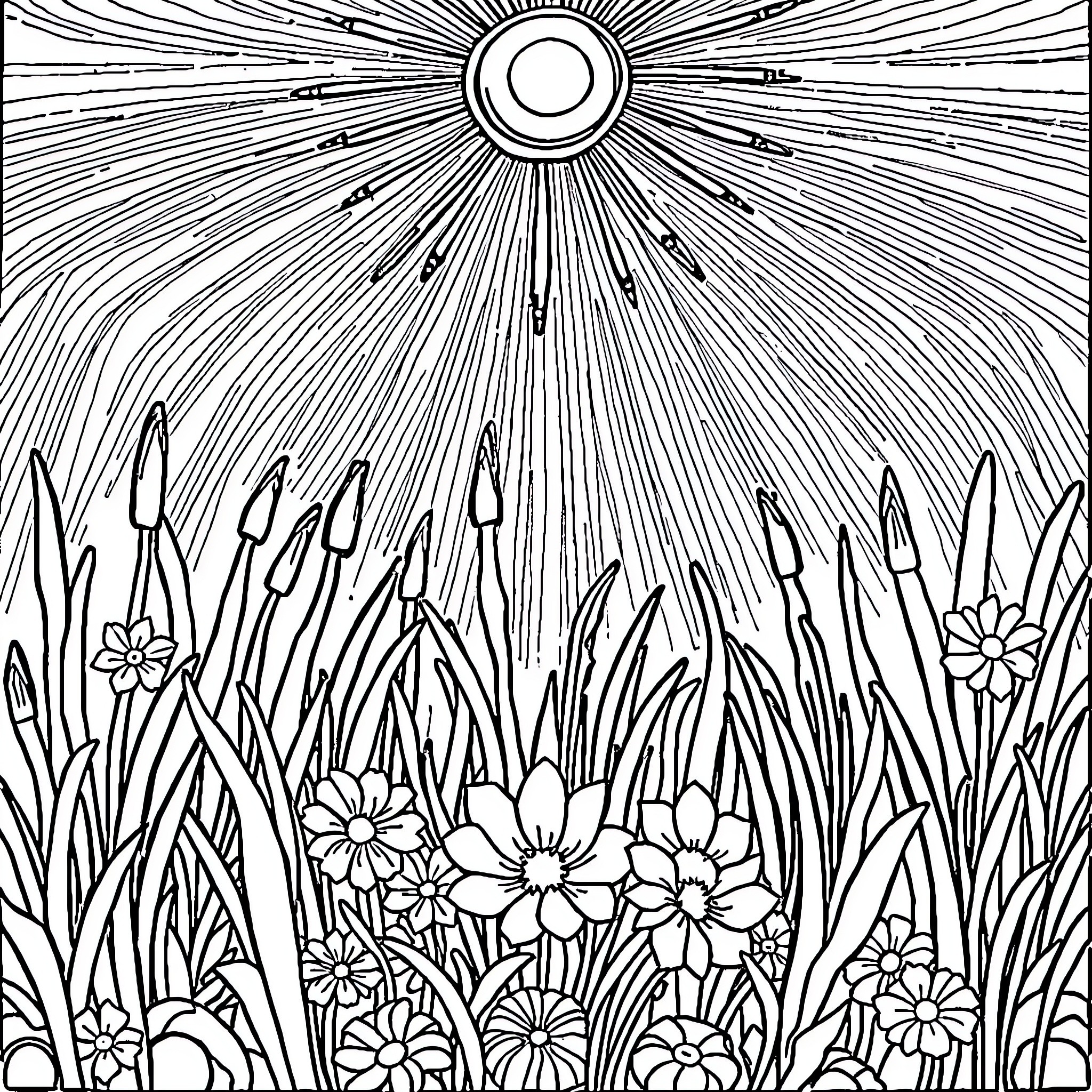 Flowers and sunlight in a field Coloring Page (free black-and-white line drawing printable PDF for all, from beginners to advanced learners, including children, teens, adults, and seniors)