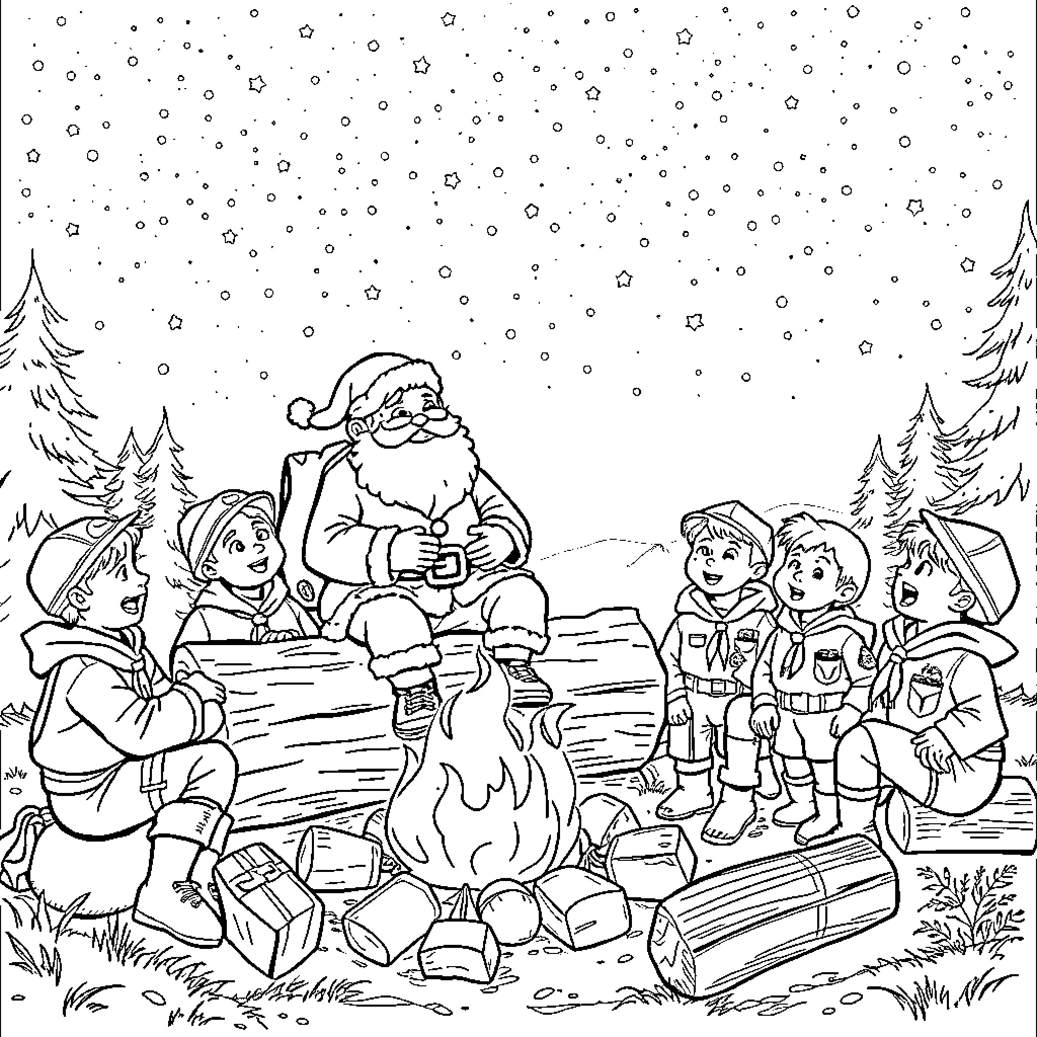 Santa Hosts a Cozy Winter Gathering Coloring Page (free black-and-white line drawing printable PDF for all, from beginners to advanced learners, including children, teens, adults, and seniors)