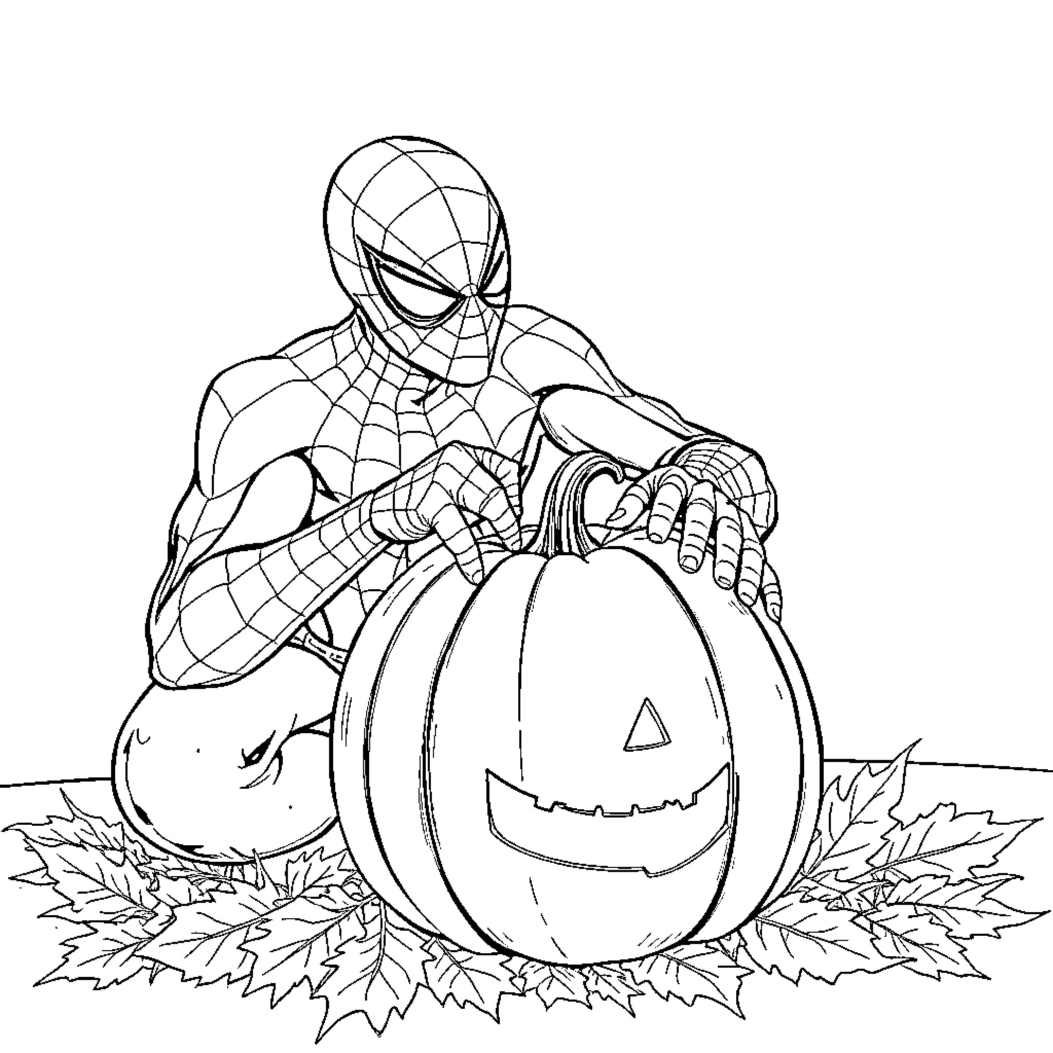 Spiderman and Spooky Halloween Pumpkin Coloring Page (free black-and-white line drawing printable PDF for all, from beginners to advanced learners, including children, teens, adults, and seniors)