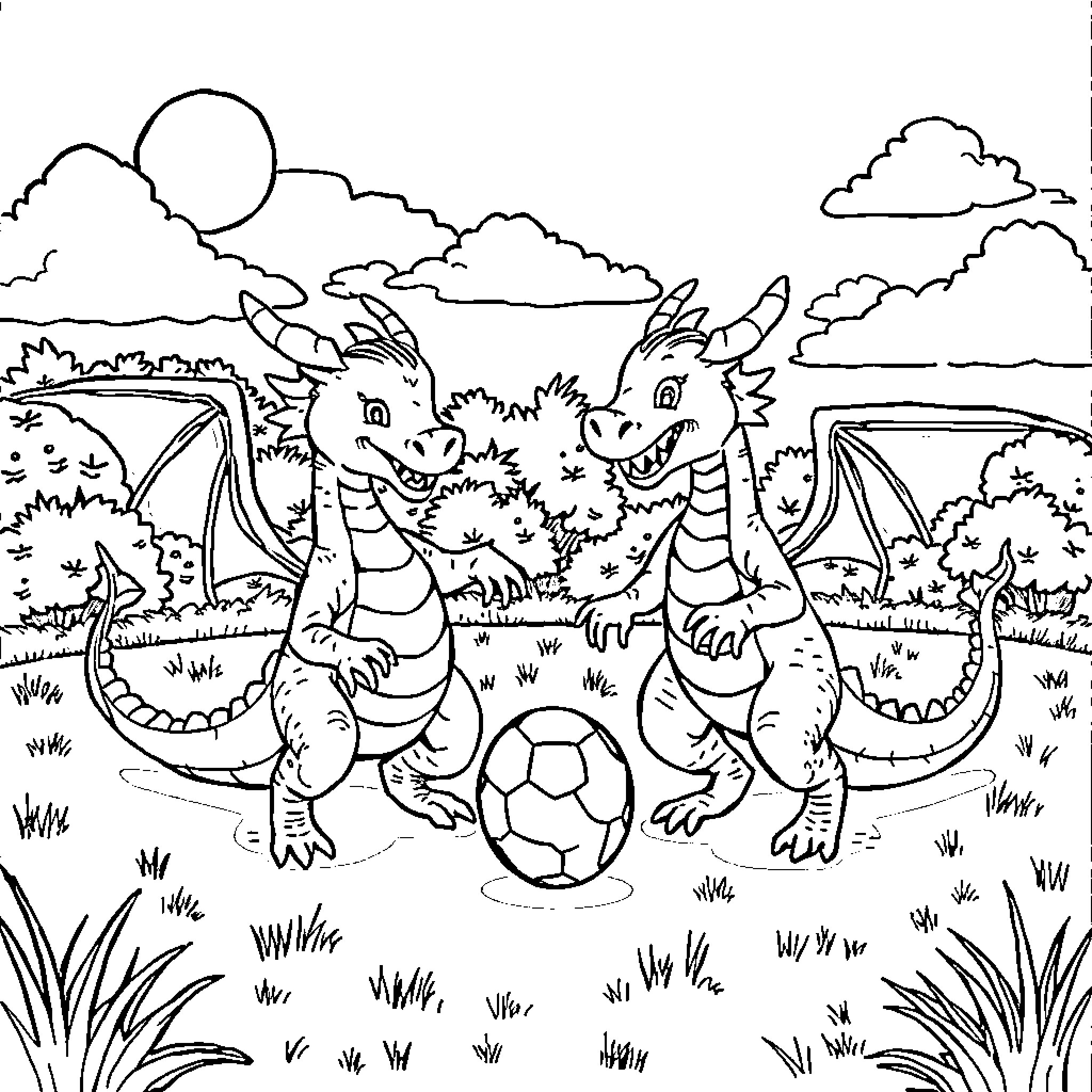 Dragon friends playing with soccer ball in meadow Coloring Page (free black-and-white line drawing printable PDF for all, from beginners to advanced learners, including children, teens, adults, and seniors)