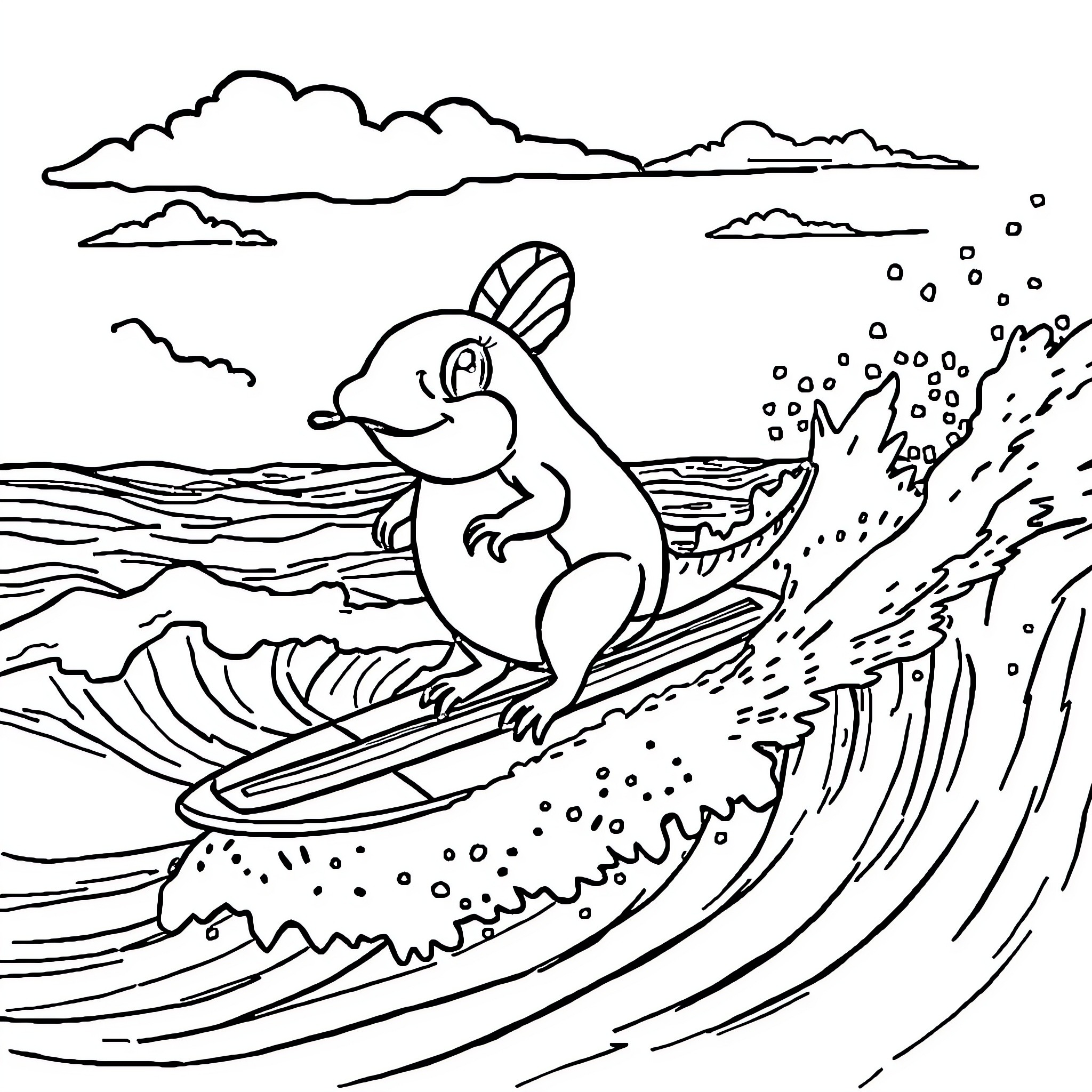 Cornebidouille surfing the waves with joy Coloring Page (free black-and-white line drawing printable PDF for all, from beginners to advanced learners, including children, teens, adults, and seniors)
