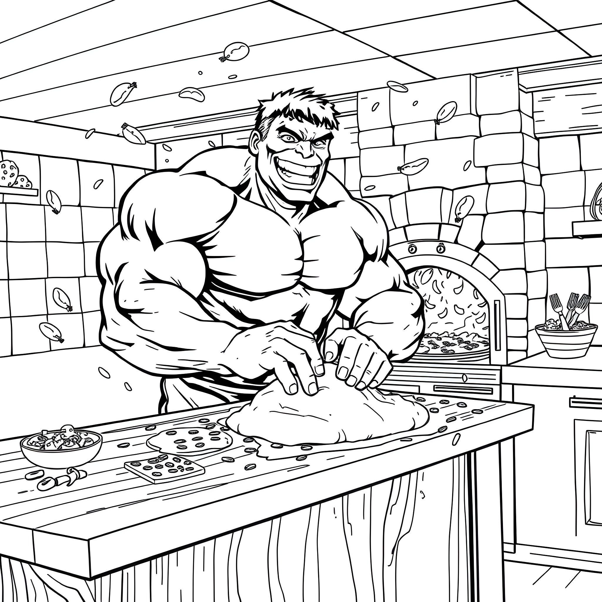 Hulk Cooking Ferociously in the Kitchen Coloring Page (free black-and-white line drawing printable PDF for all, from beginners to advanced learners, including children, teens, adults, and seniors)