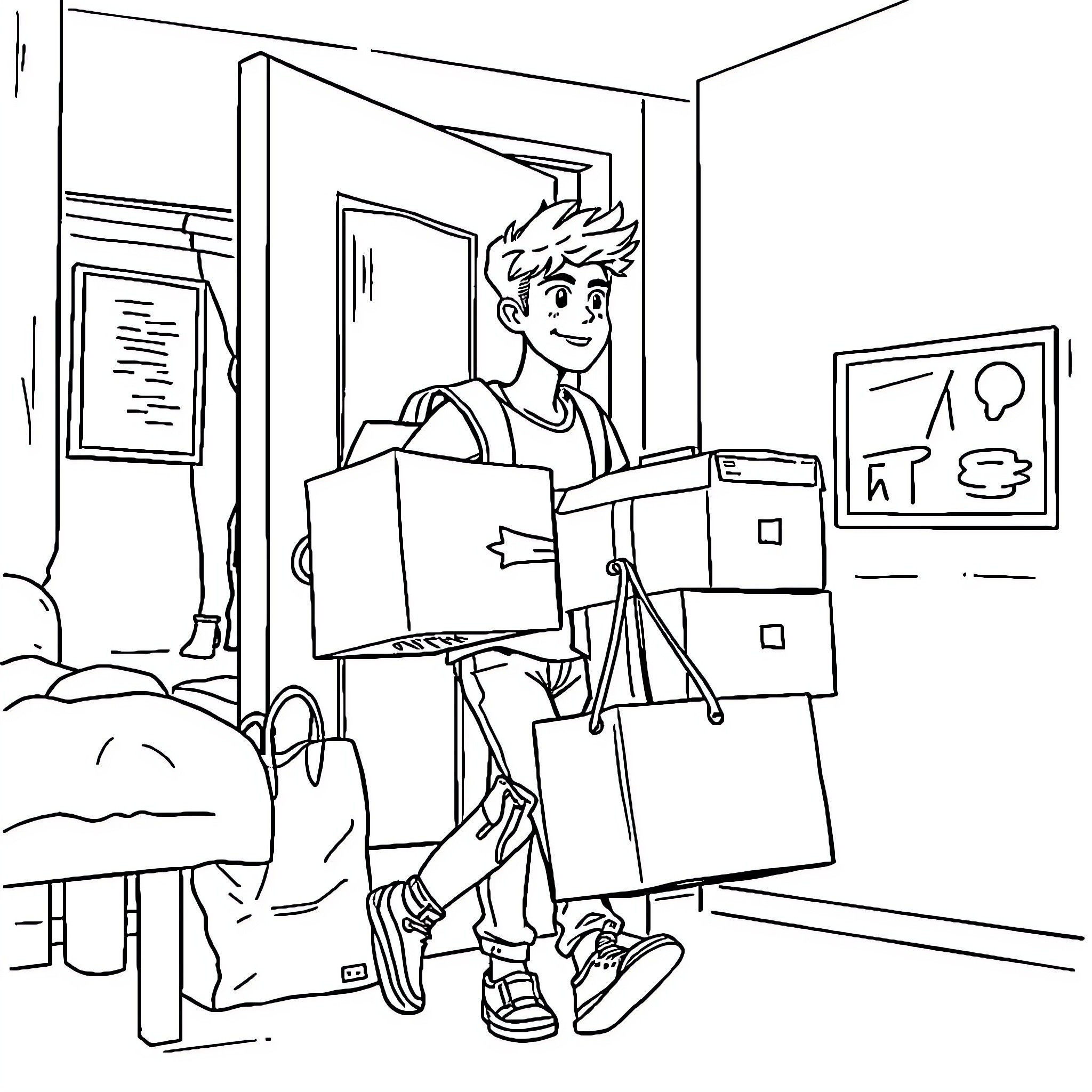 Teenage Boy Moving Out with Cardboard Boxes Coloring Page (free black-and-white line drawing printable PDF for all, from beginners to advanced learners, including children, teens, adults, and seniors)