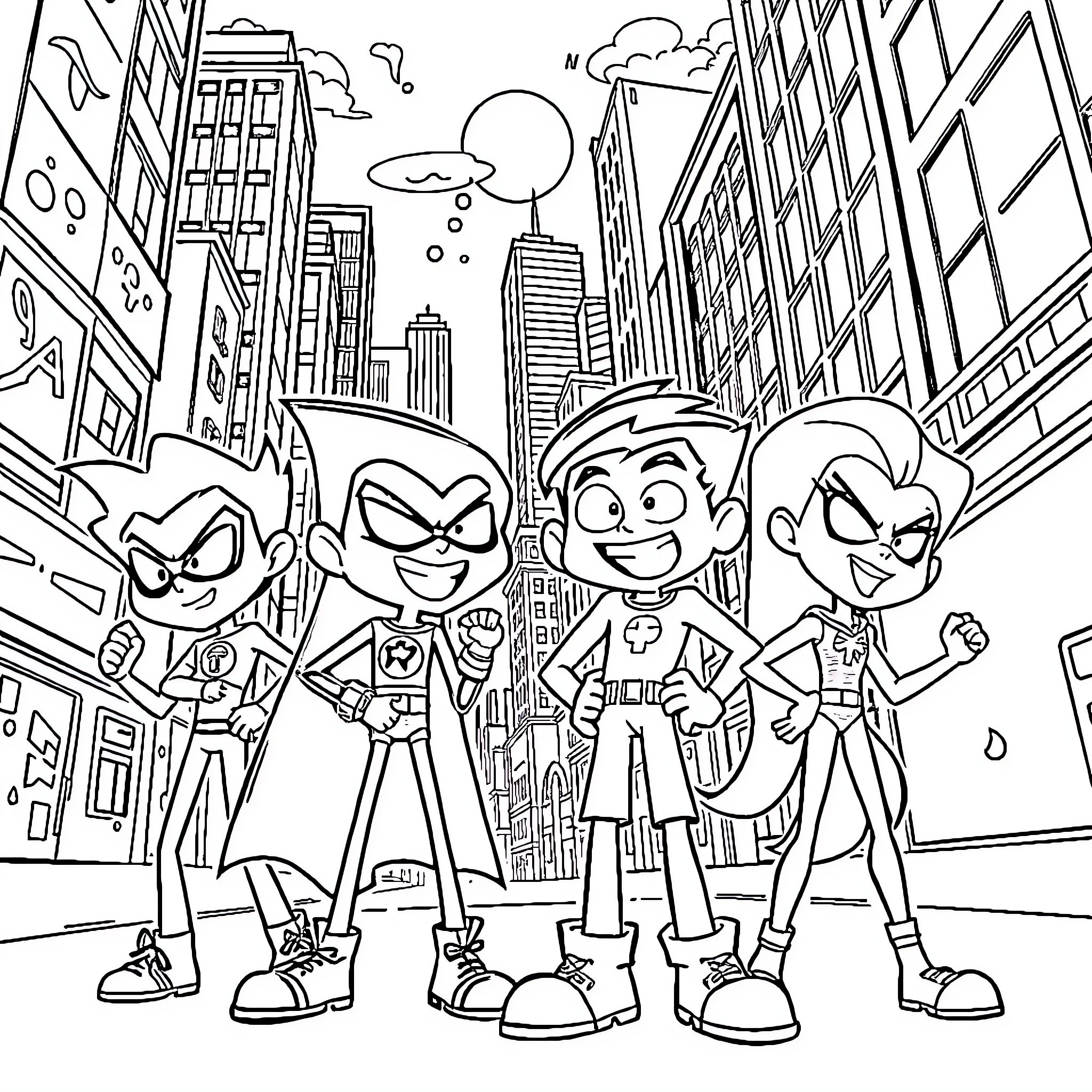 Teen Titans Superheroes in Action in the City Coloring Page (free black-and-white line drawing printable PDF for all, from beginners to advanced learners, including children, teens, adults, and seniors)