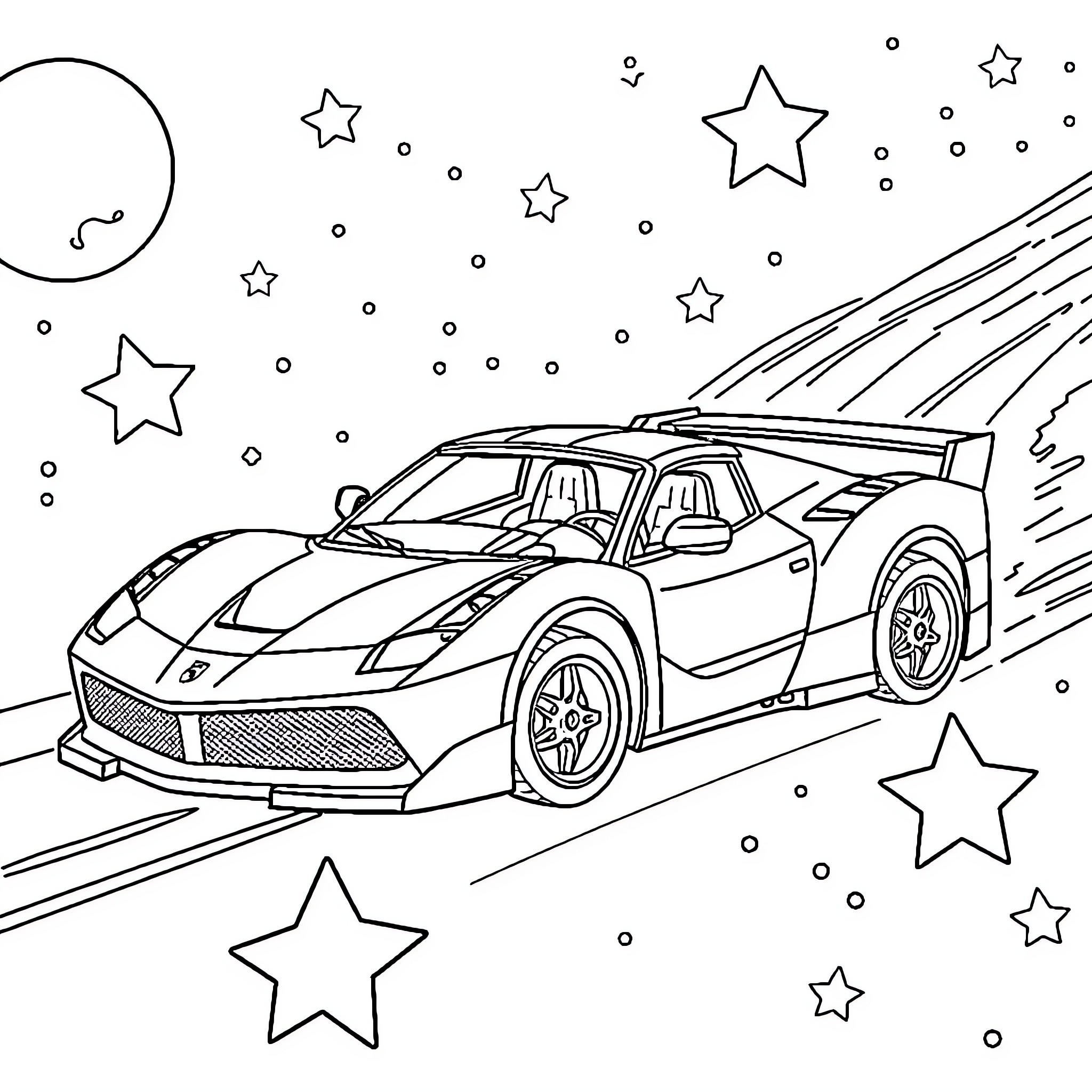 Lego Ferrari racing through starry night Coloring Page (free black-and-white line drawing printable PDF for all, from beginners to advanced learners, including children, teens, adults, and seniors)