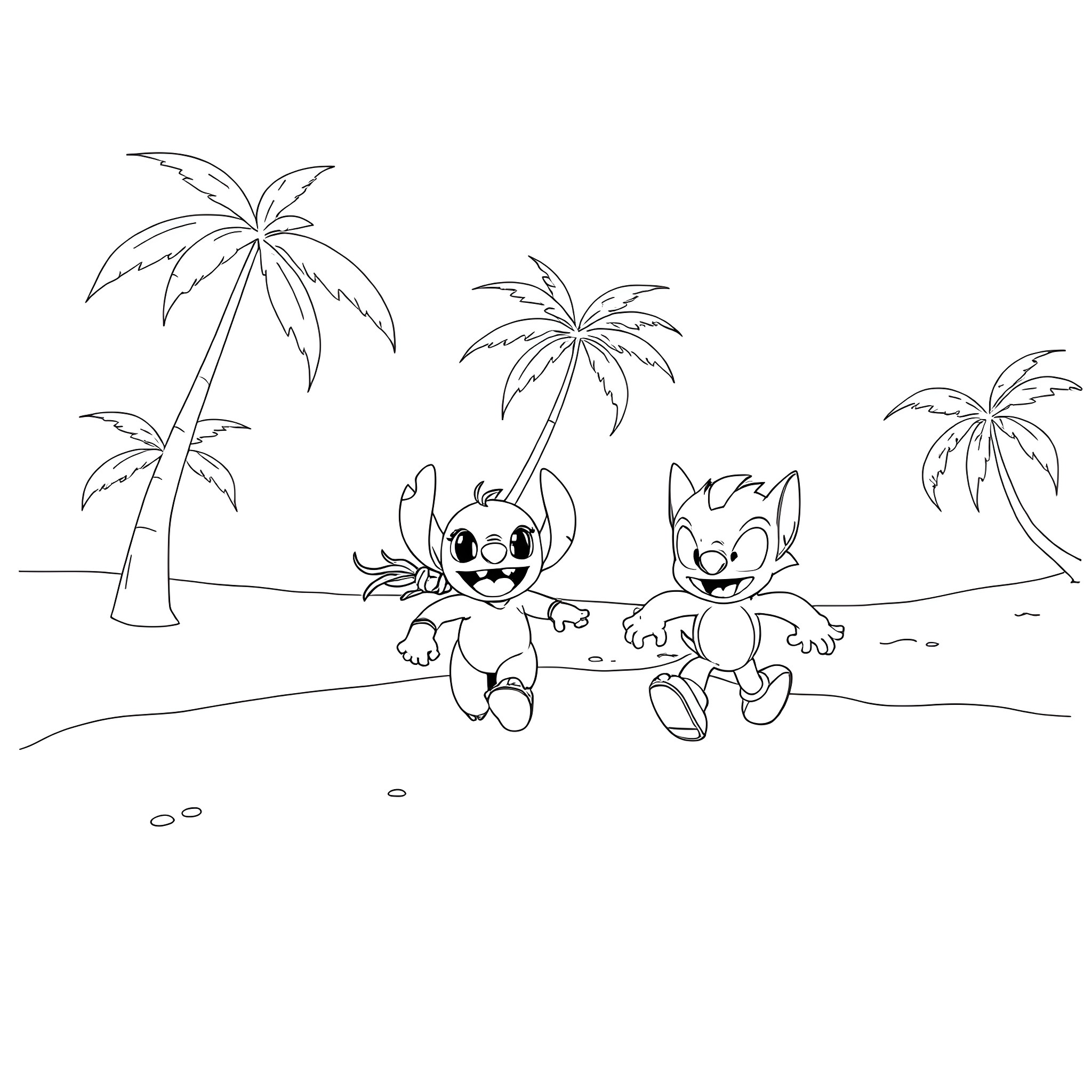 Lilo and Stitch playing on the beach Coloring Page (free black-and-white line drawing printable PDF for all, from beginners to advanced learners, including children, teens, adults, and seniors)