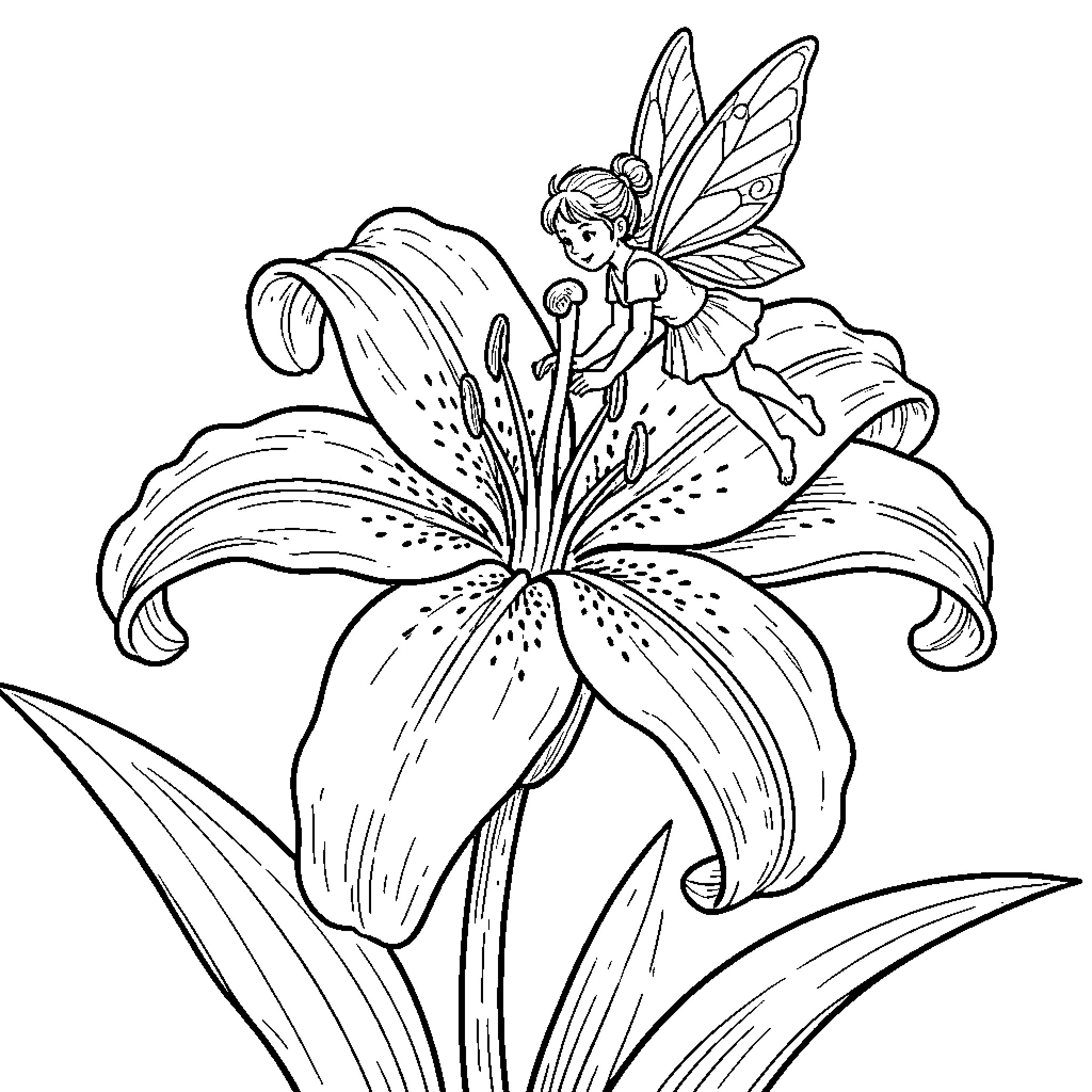 Fairy resting on a large blooming lily flower Coloring Page (free black-and-white line drawing printable PDF for all, from beginners to advanced learners, including children, teens, adults, and seniors)