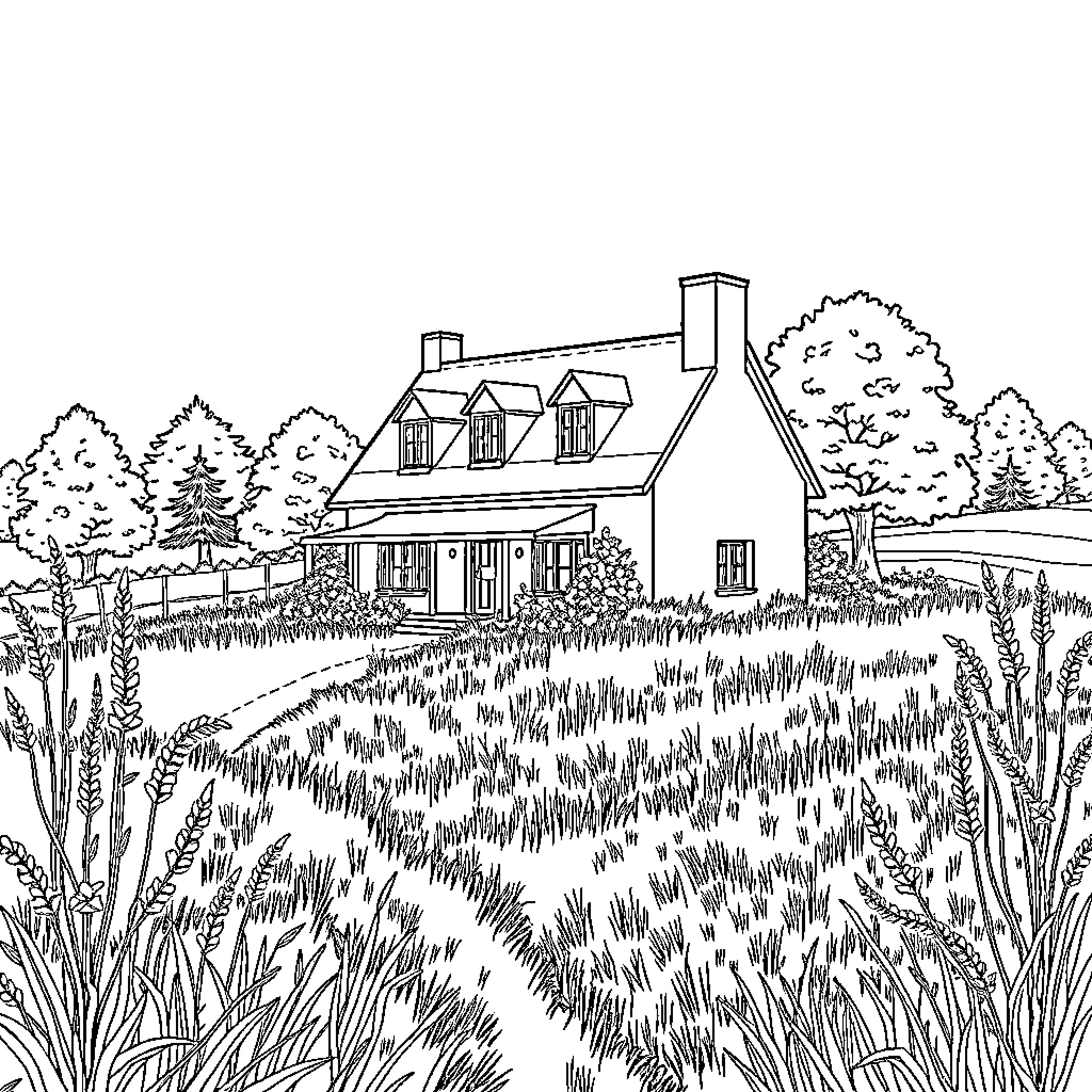House standing peacefully amidst a lush garden landscape Coloring Page (free black-and-white line drawing printable PDF for all, from beginners to advanced learners, including children, teens, adults, and seniors)