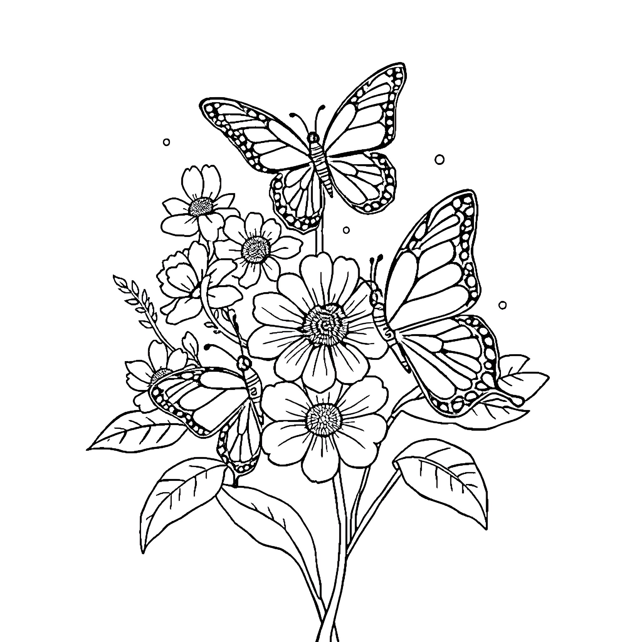 Butterfly flowers with intricate designs Coloring Page (free black-and-white line drawing printable PDF for all, from beginners to advanced learners, including children, teens, adults, and seniors)