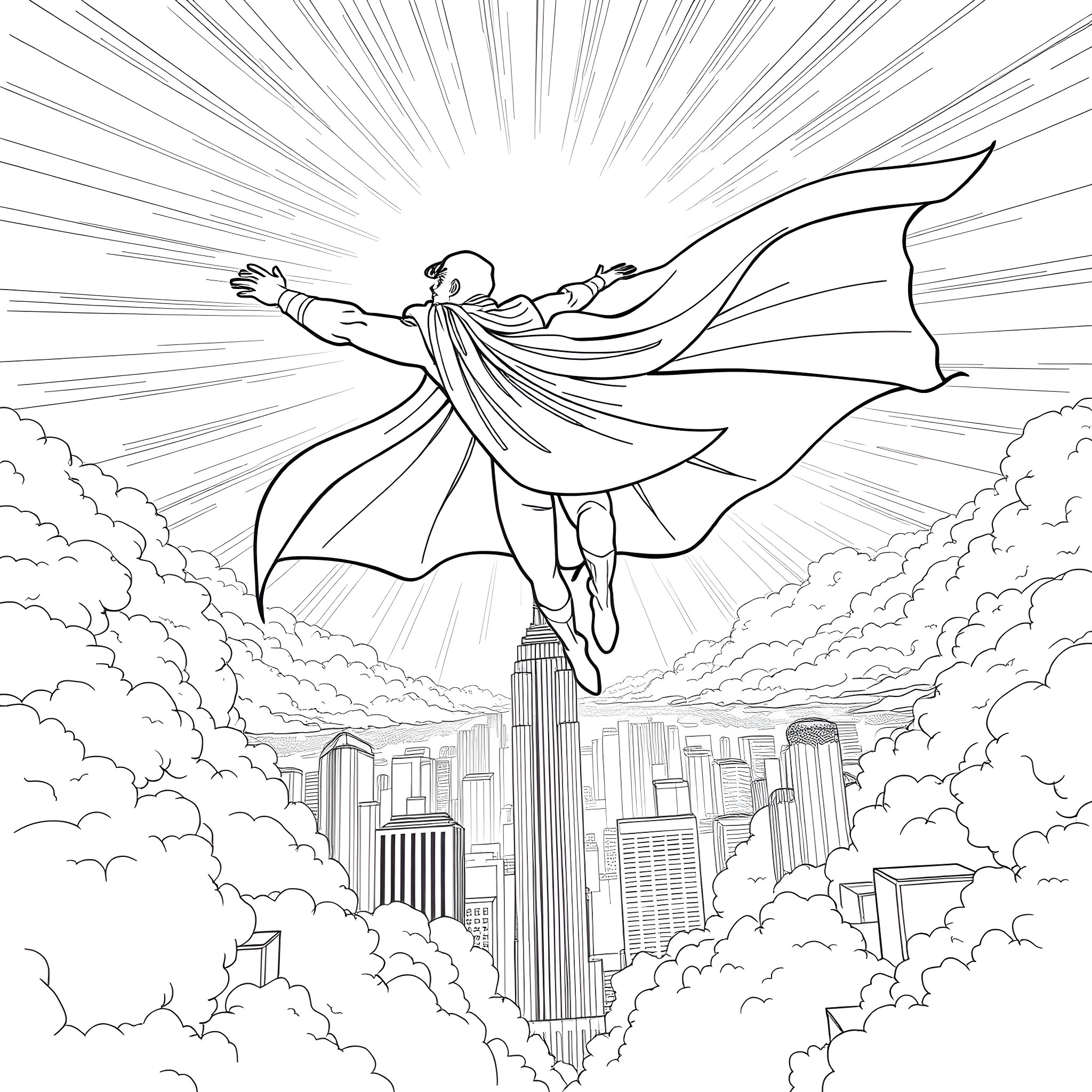 Superhero soaring above the city skyline Coloring Page (free black-and-white line drawing printable PDF for all, from beginners to advanced learners, including children, teens, adults, and seniors)