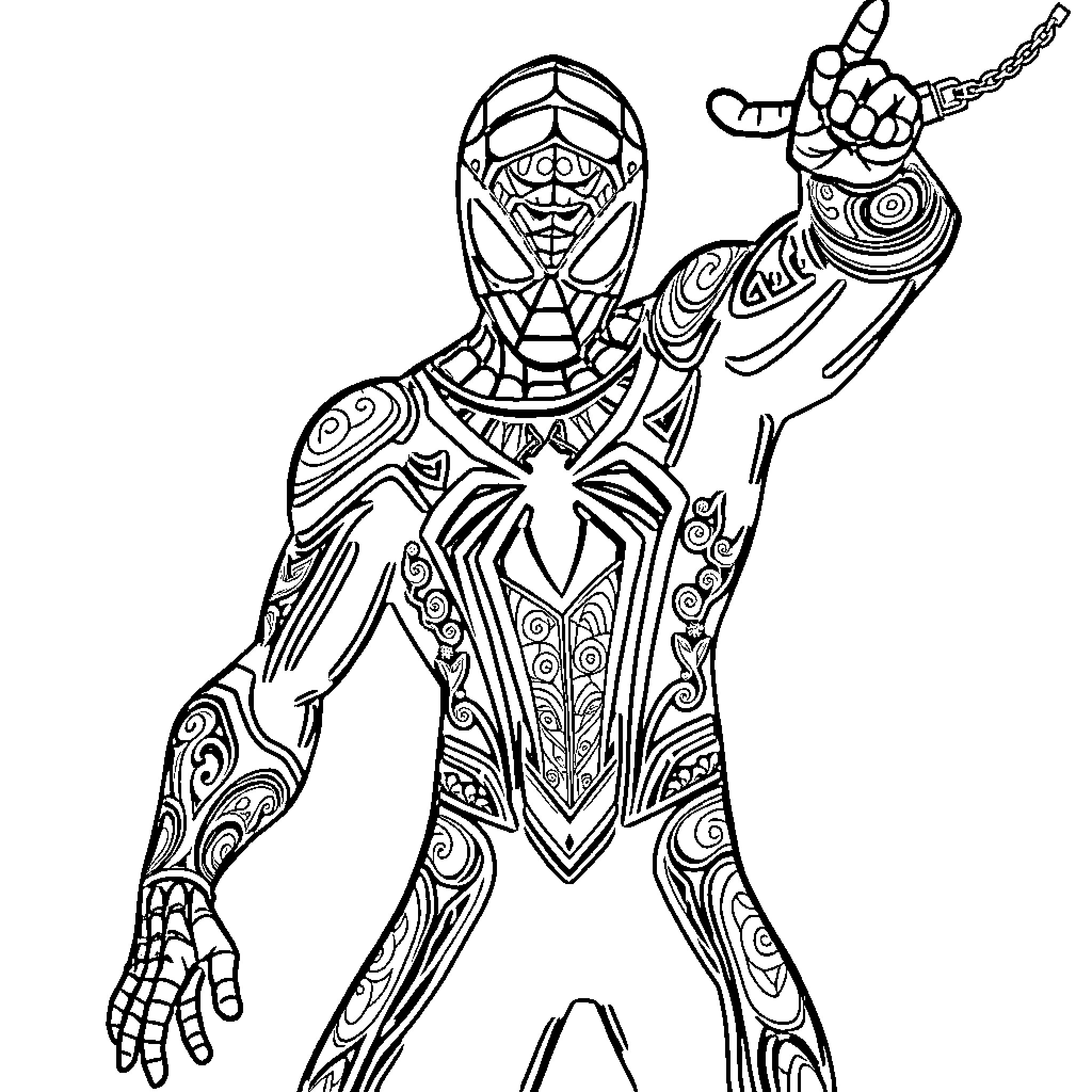 Spiderman swinging with intricate designs Coloring Page (free black-and-white line drawing printable PDF for all, from beginners to advanced learners, including children, teens, adults, and seniors)