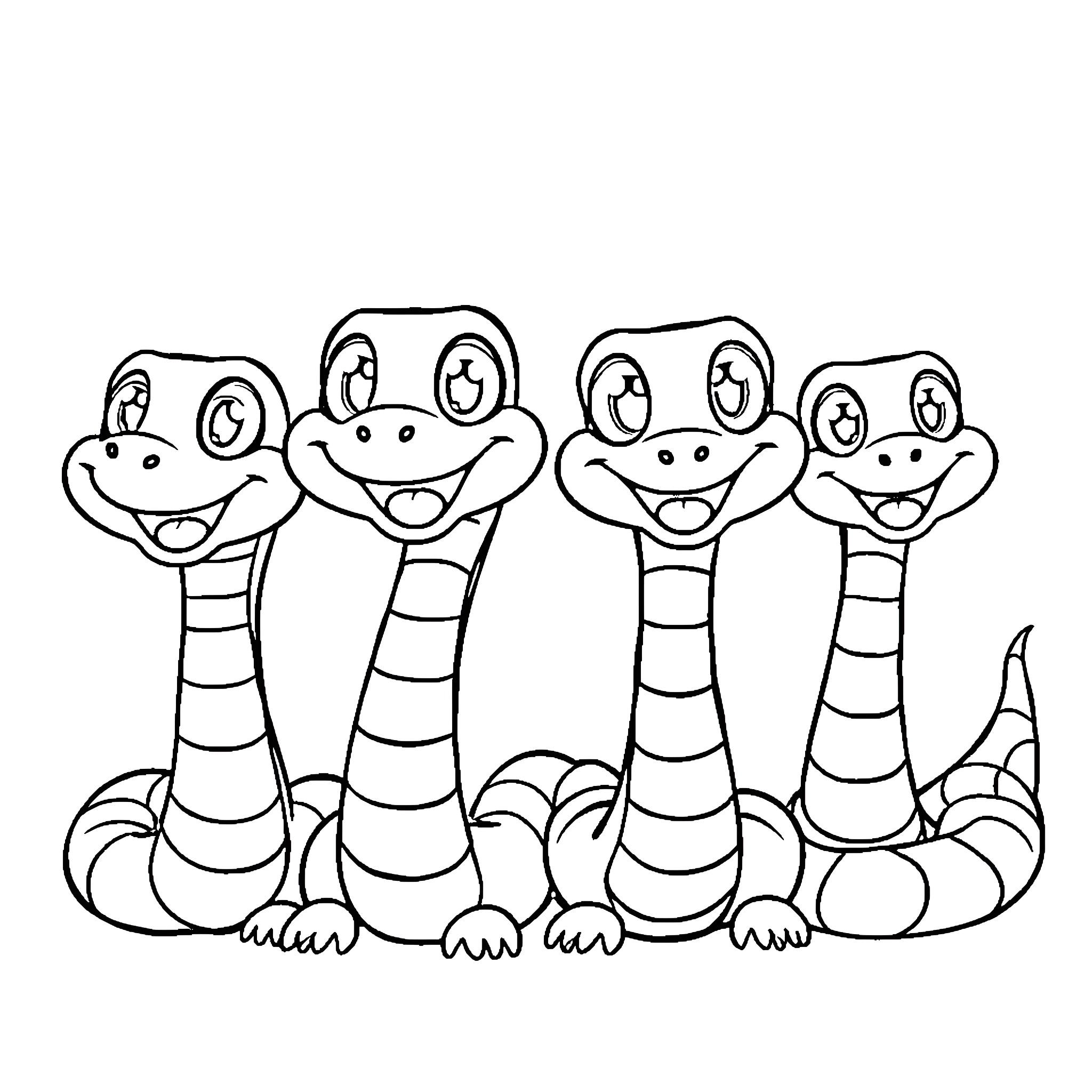 Snake family happily together Coloring Page (free black-and-white line drawing printable PDF for all, from beginners to advanced learners, including children, teens, adults, and seniors)