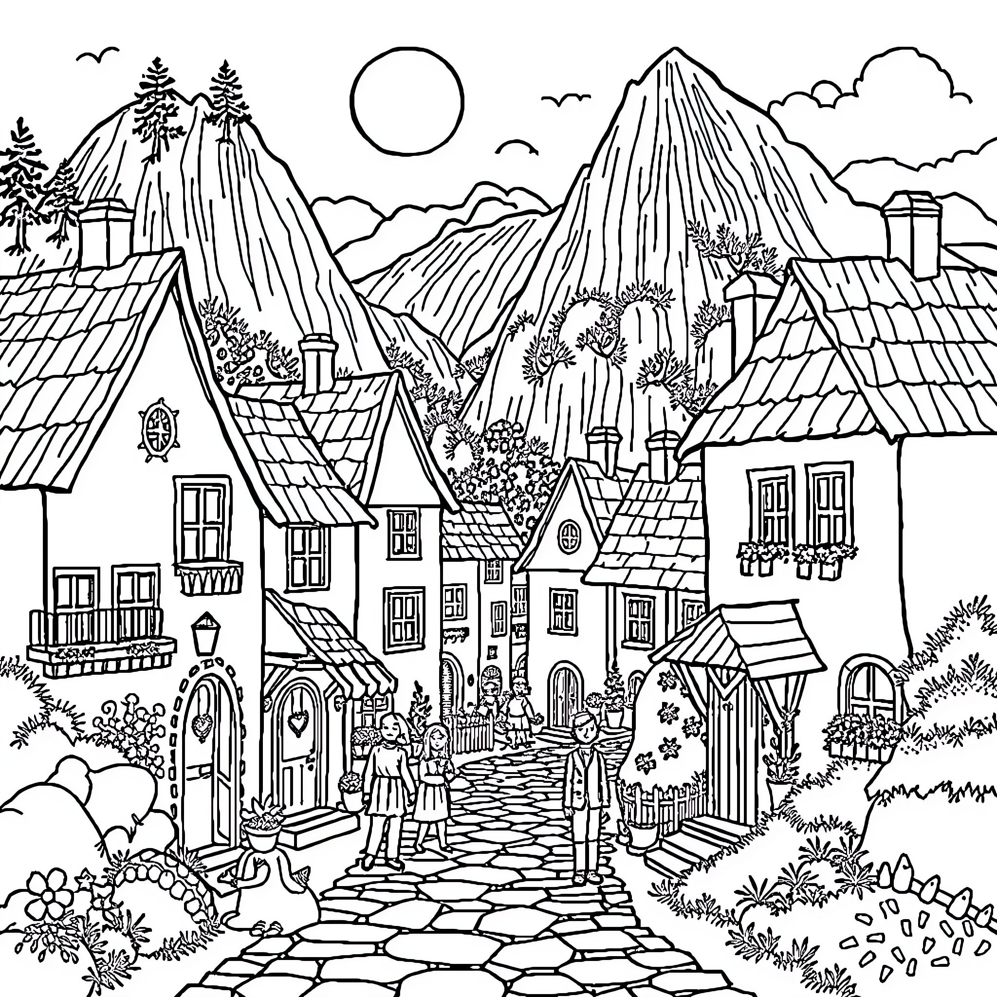 Tuveth: Quaint Village in the Shadow of Majestic Mountains Coloring Page (free black-and-white line drawing printable PDF for all, from beginners to advanced learners, including children, teens, adults, and seniors)