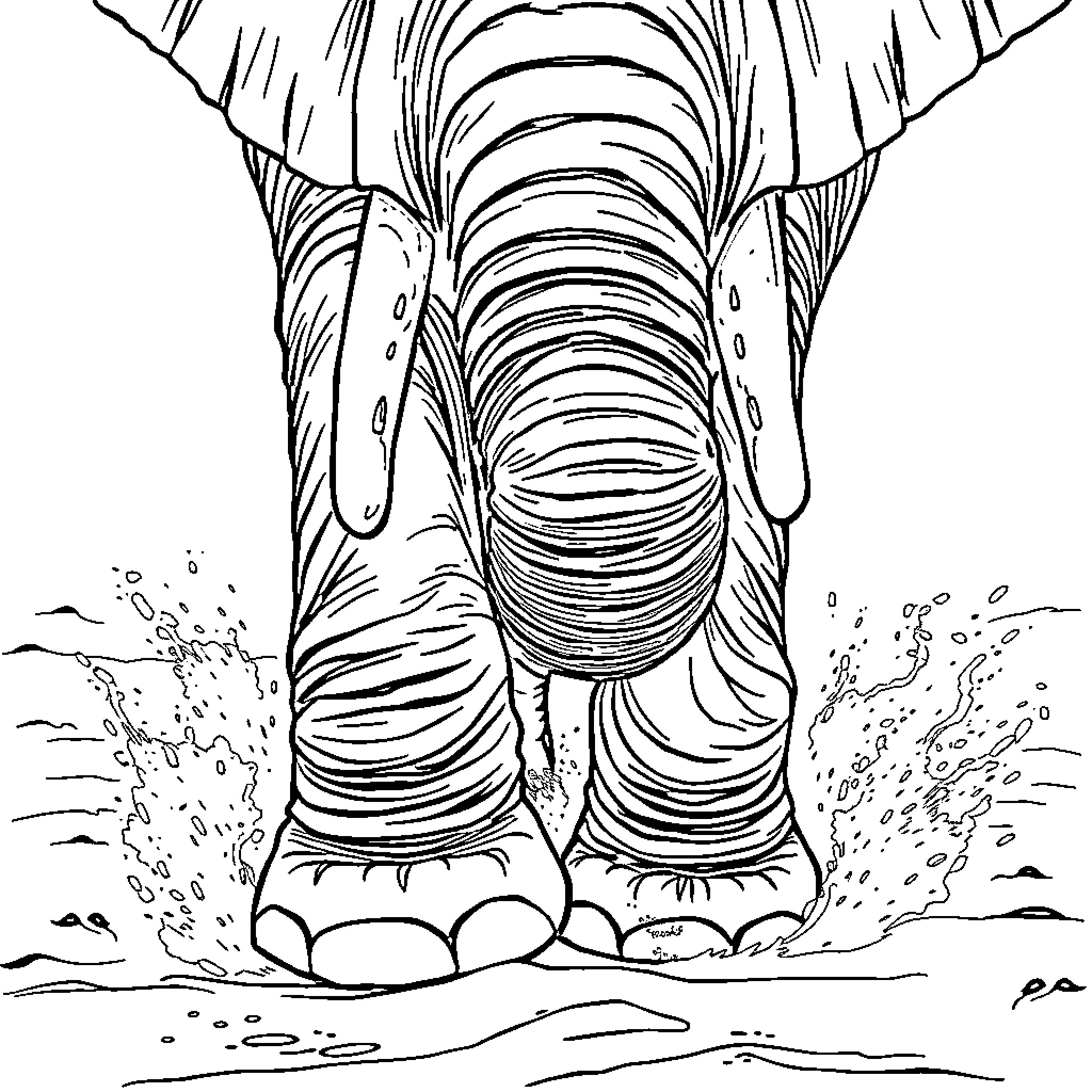 Elephant splashing and walking through water Coloring Page (free black-and-white line drawing printable PDF for all, from beginners to advanced learners, including children, teens, adults, and seniors)