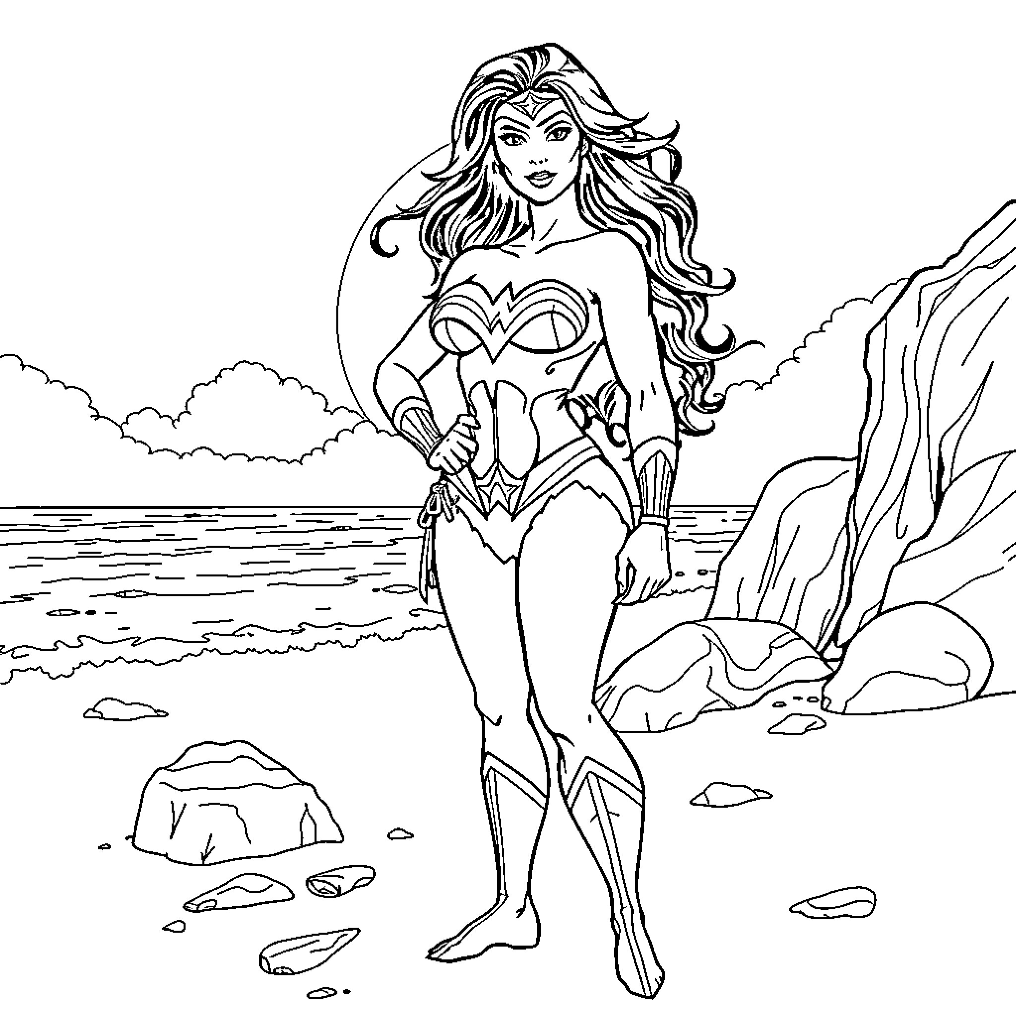 Wonder Woman's heroic pose by the ocean Coloring Page (free black-and-white line drawing printable PDF for all, from beginners to advanced learners, including children, teens, adults, and seniors)