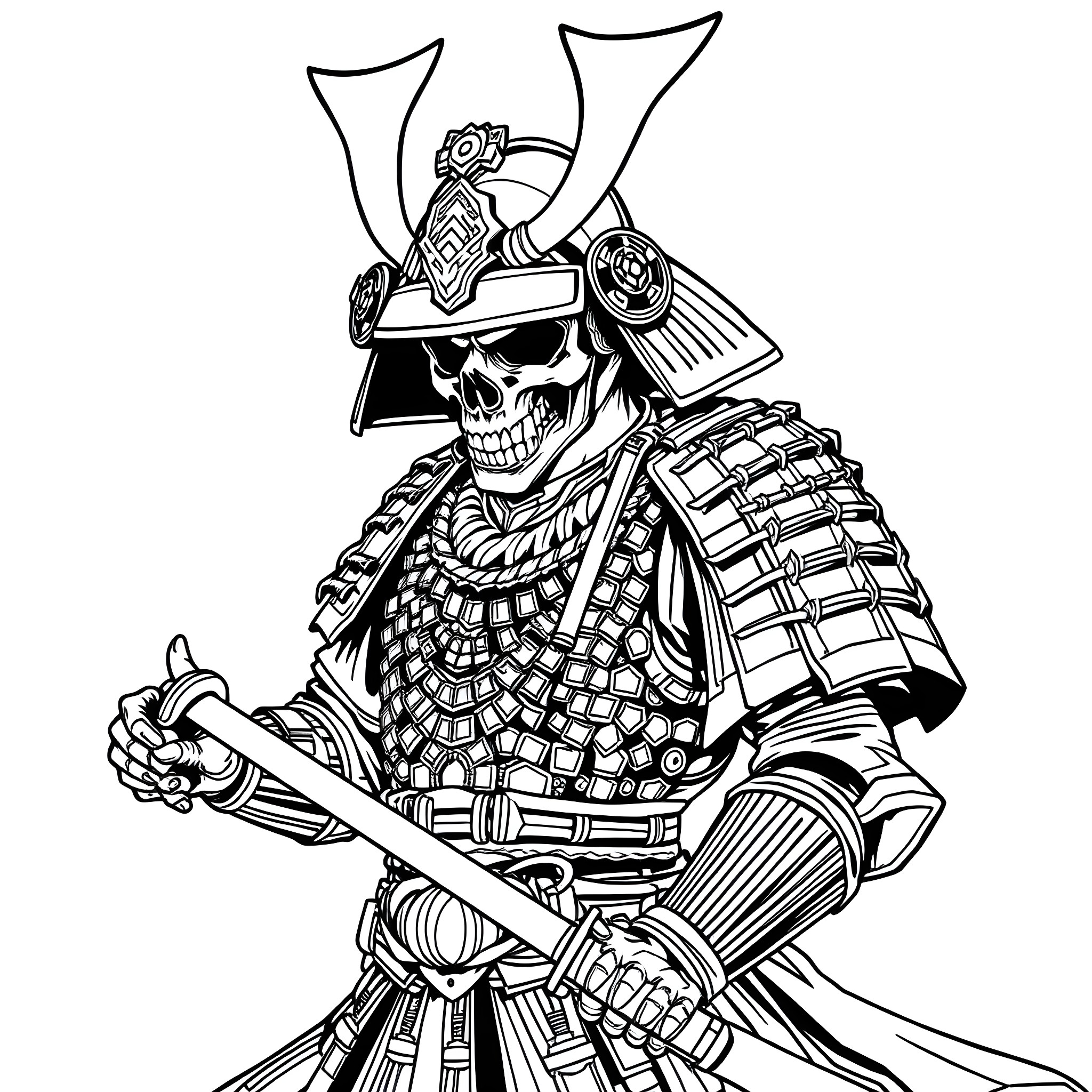 Samurai Warrior with Skull Mask and Sword Coloring Page (free black-and-white line drawing printable PDF for all, from beginners to advanced learners, including children, teens, adults, and seniors)