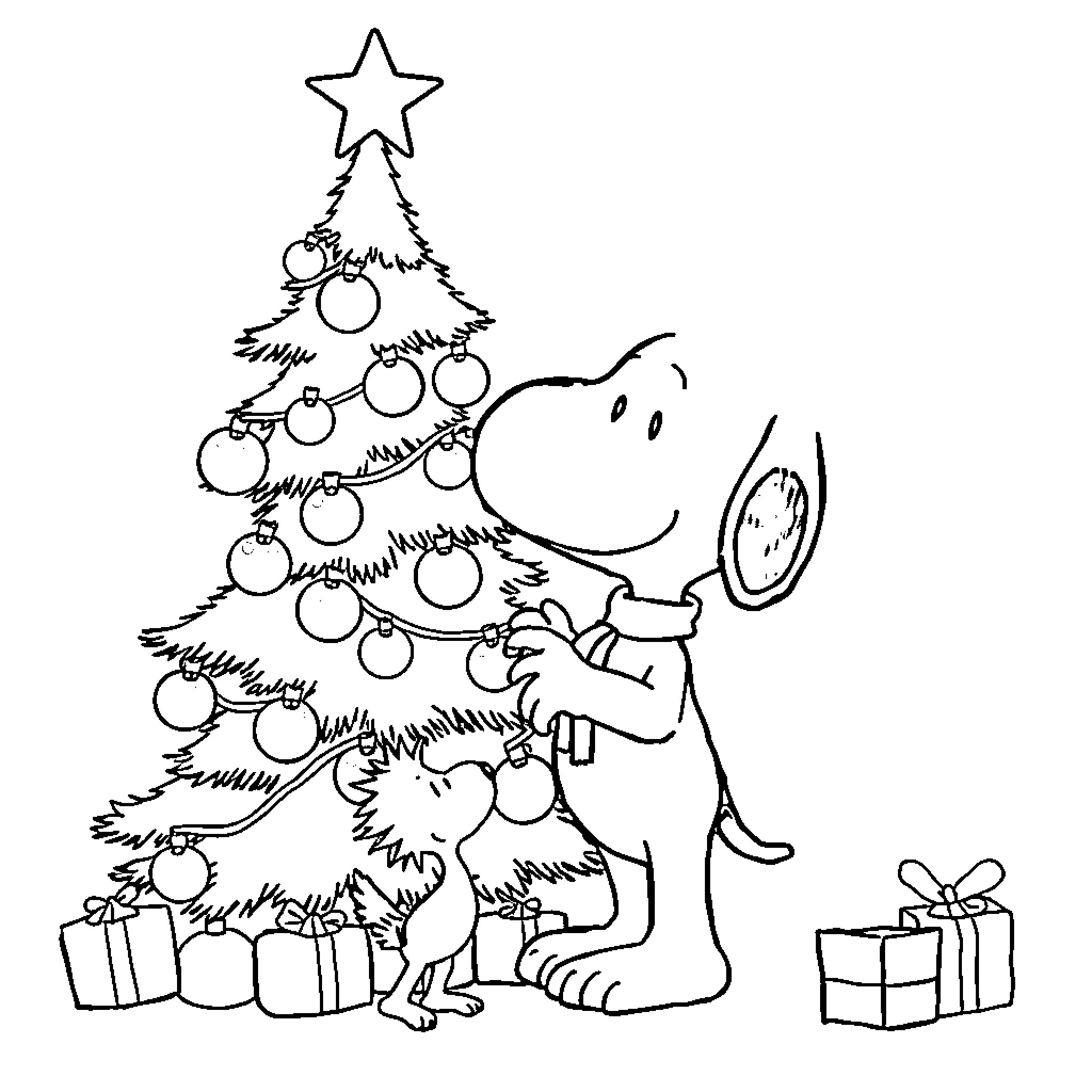 Snoopy decorating a Christmas tree with gifts Coloring Page (free black-and-white line drawing printable PDF for all, from beginners to advanced learners, including children, teens, adults, and seniors)