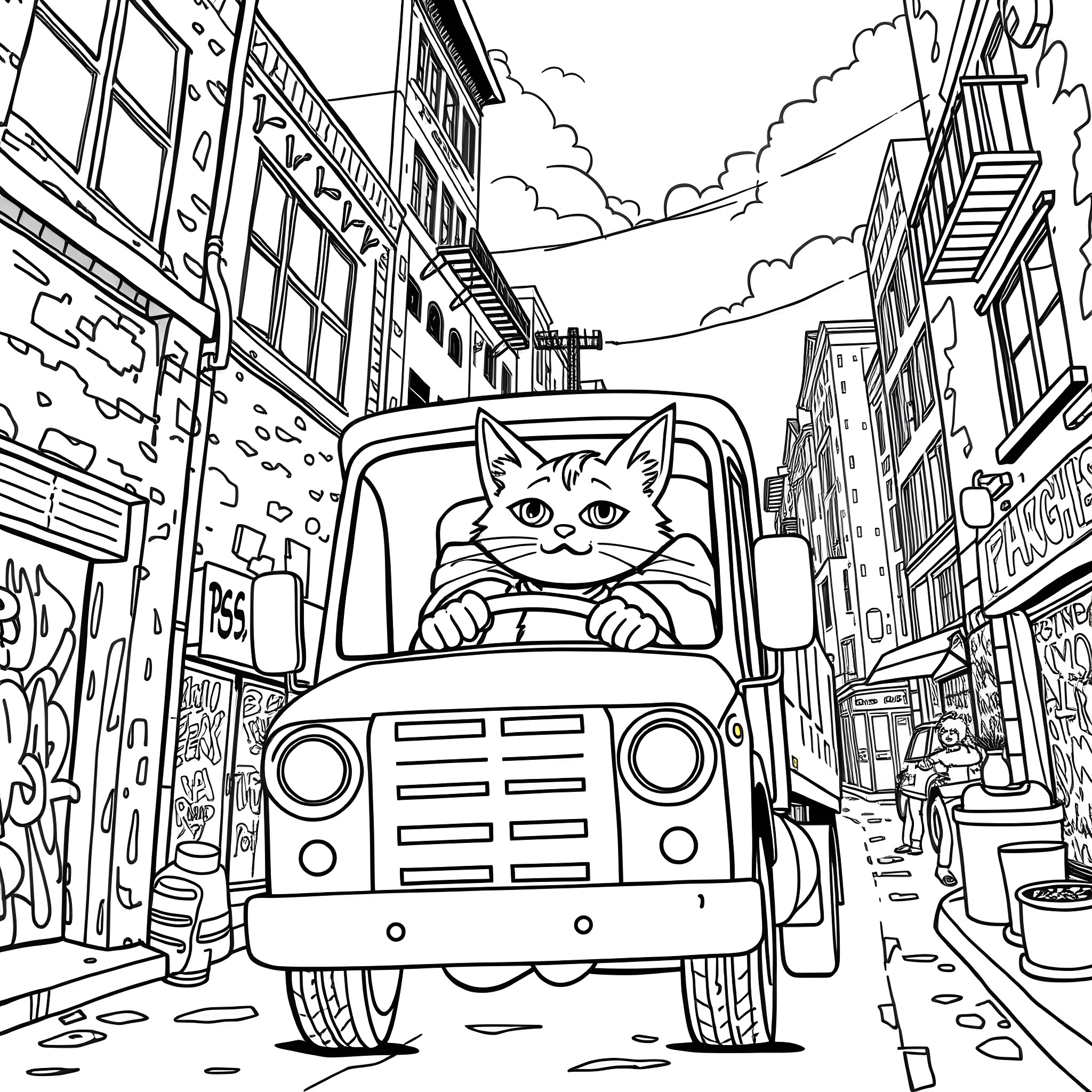 Cat driving a car on a city street Coloring Page (free black-and-white line drawing printable PDF for all, from beginners to advanced learners, including children, teens, adults, and seniors)