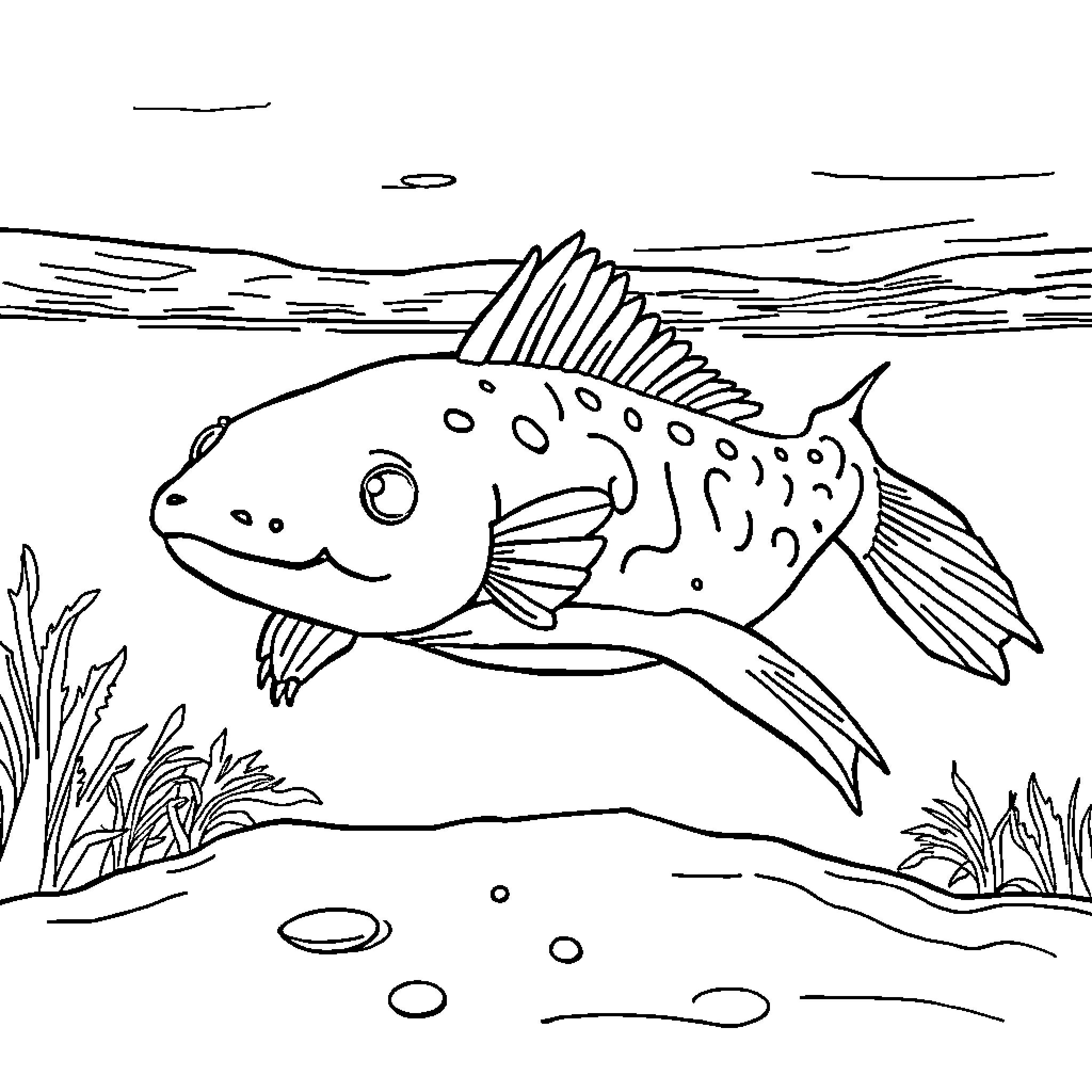 Axolotl swimming in the underwater scene Coloring Page (free black-and-white line drawing printable PDF for all, from beginners to advanced learners, including children, teens, adults, and seniors)