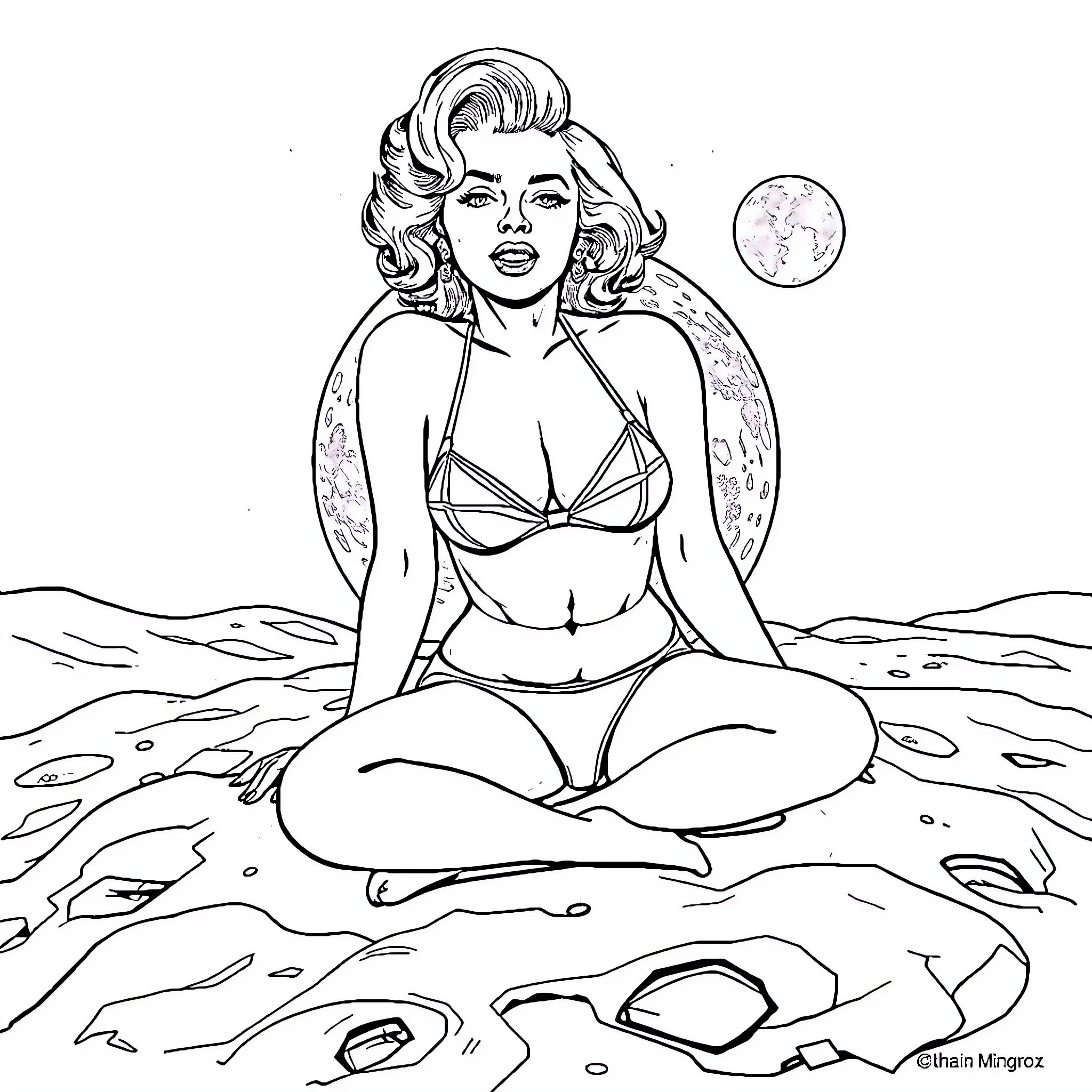 Marilyn Monroe relaxing on the beach Coloring Page (free black-and-white line drawing printable PDF for all, from beginners to advanced learners, including children, teens, adults, and seniors)