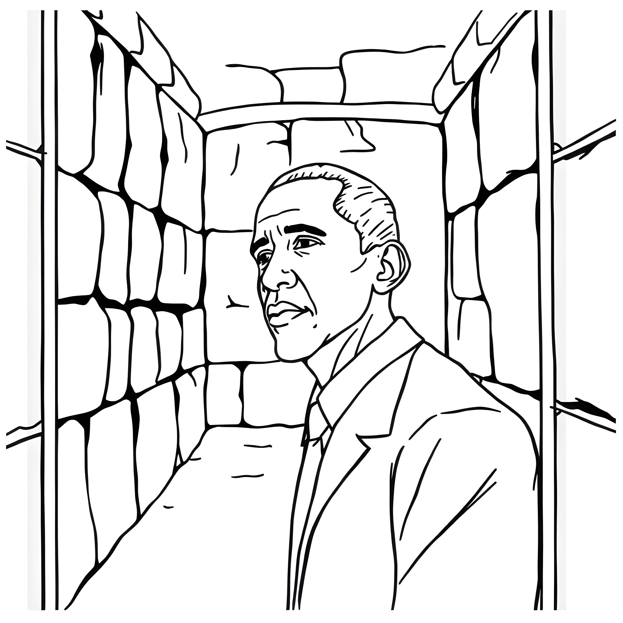 Obama in a contemplative pose behind bars Coloring Page (free black-and-white line drawing printable PDF for all, from beginners to advanced learners, including children, teens, adults, and seniors)