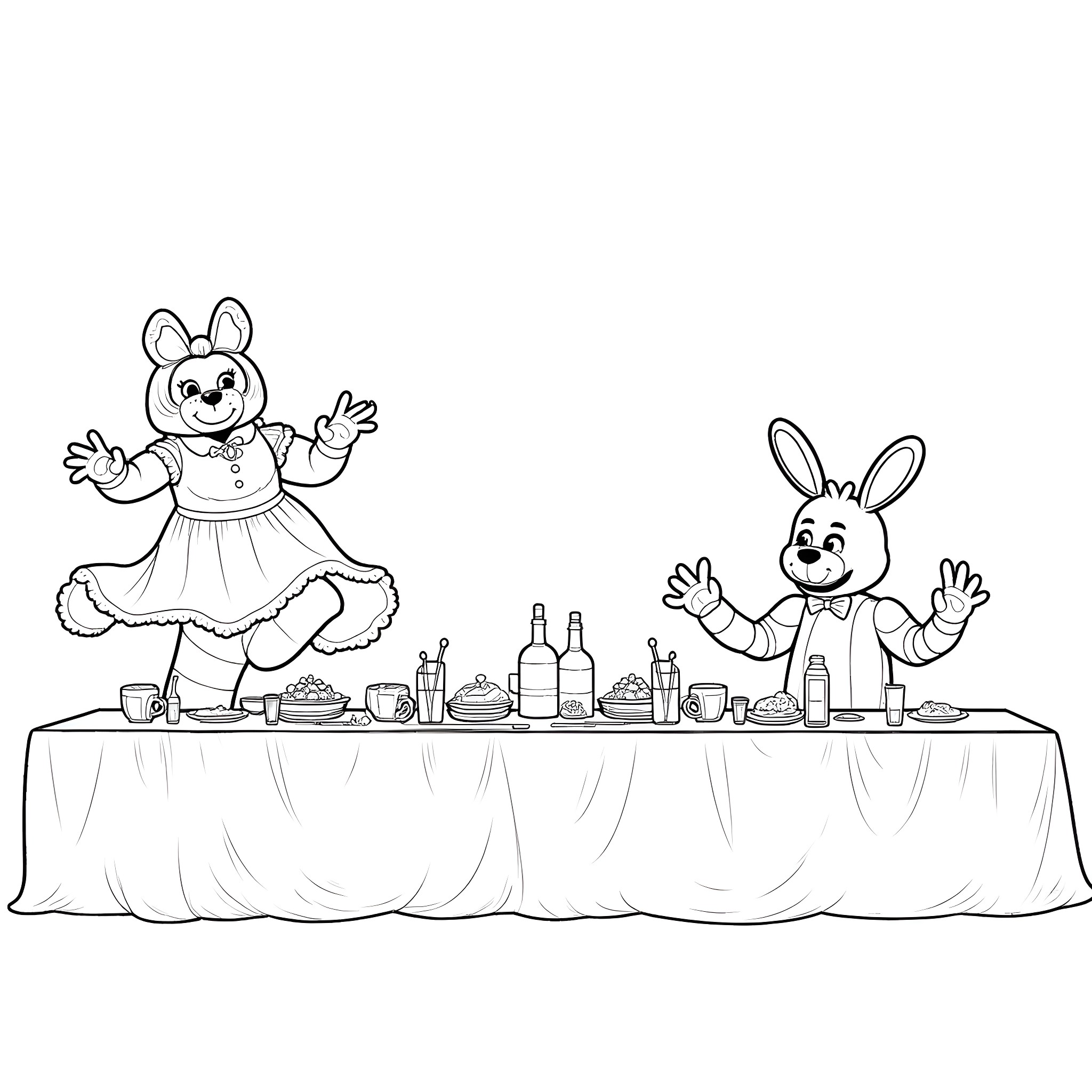 Bonnie and Bunny's Lively Dinner Party Coloring Page (free black-and-white line drawing printable PDF for all, from beginners to advanced learners, including children, teens, adults, and seniors)