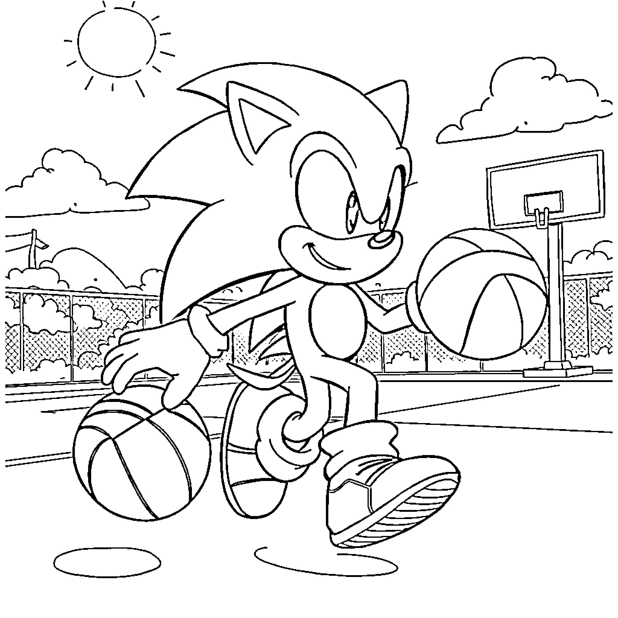 Sonic Playing with Basketballs on the Court Coloring Page (free black-and-white line drawing printable PDF for all, from beginners to advanced learners, including children, teens, adults, and seniors)