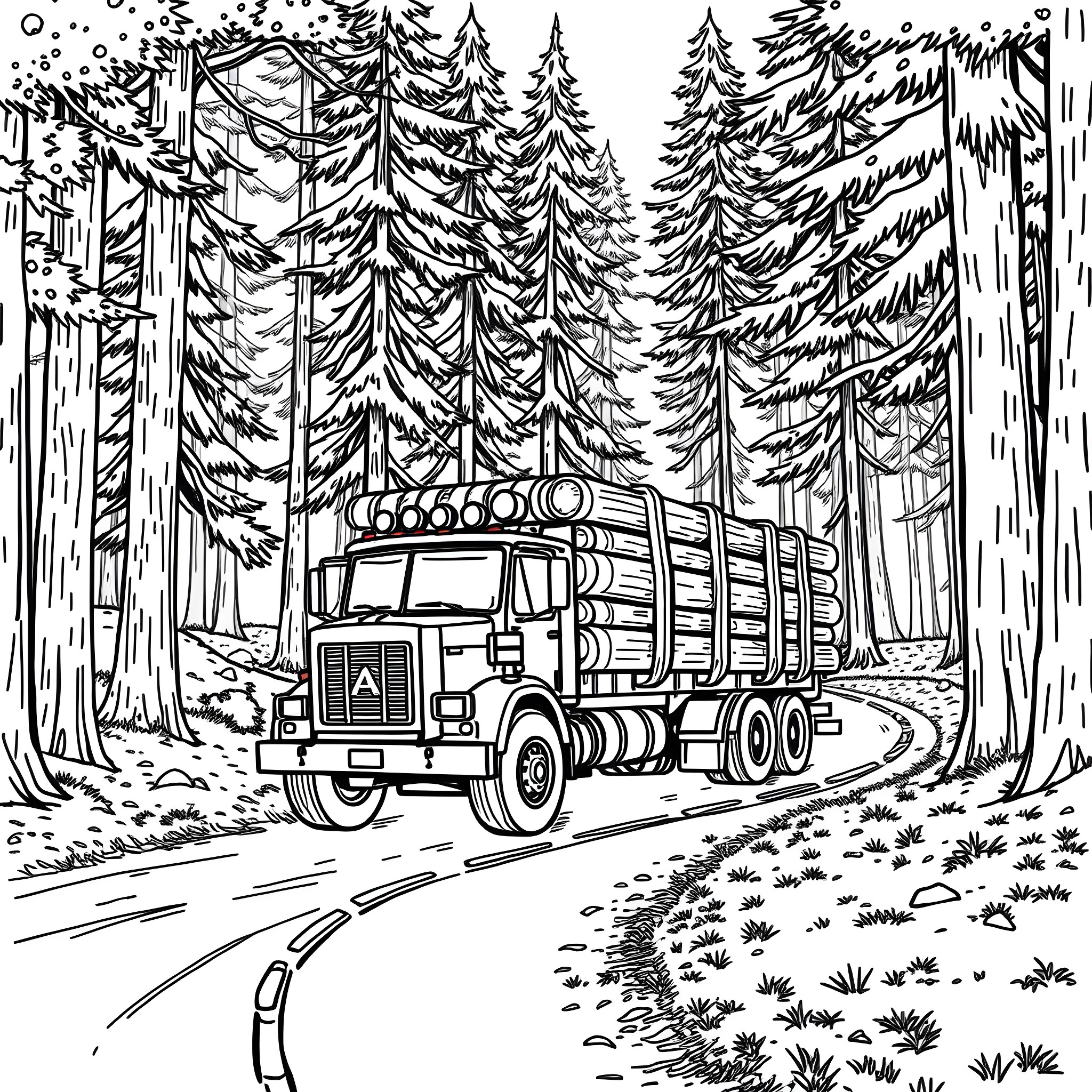 Wood Truck Transporting Logs Through Snowy Forest Coloring Page (free black-and-white line drawing printable PDF for all, from beginners to advanced learners, including children, teens, adults, and seniors)