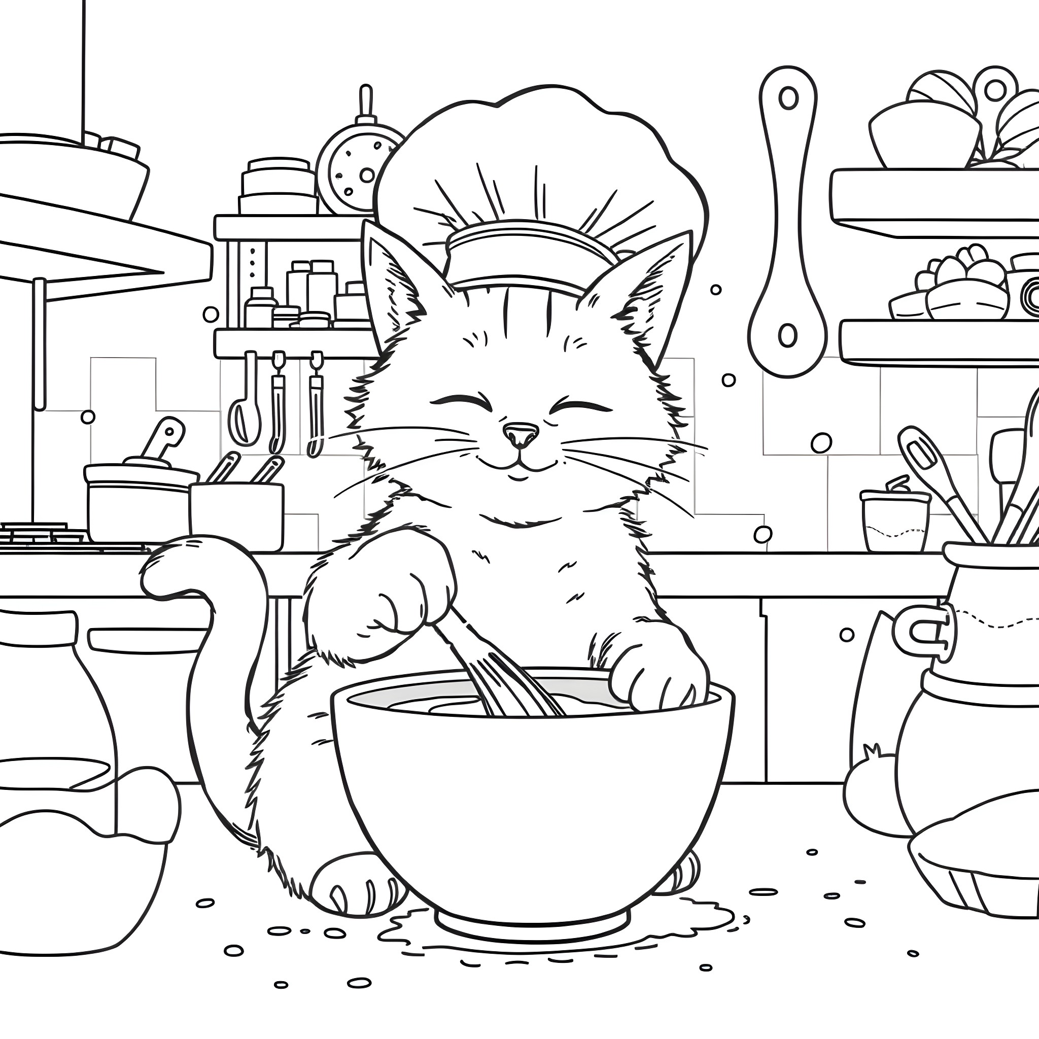Cat chef cooking in the kitchen Coloring Page (free black-and-white line drawing printable PDF for all, from beginners to advanced learners, including children, teens, adults, and seniors)