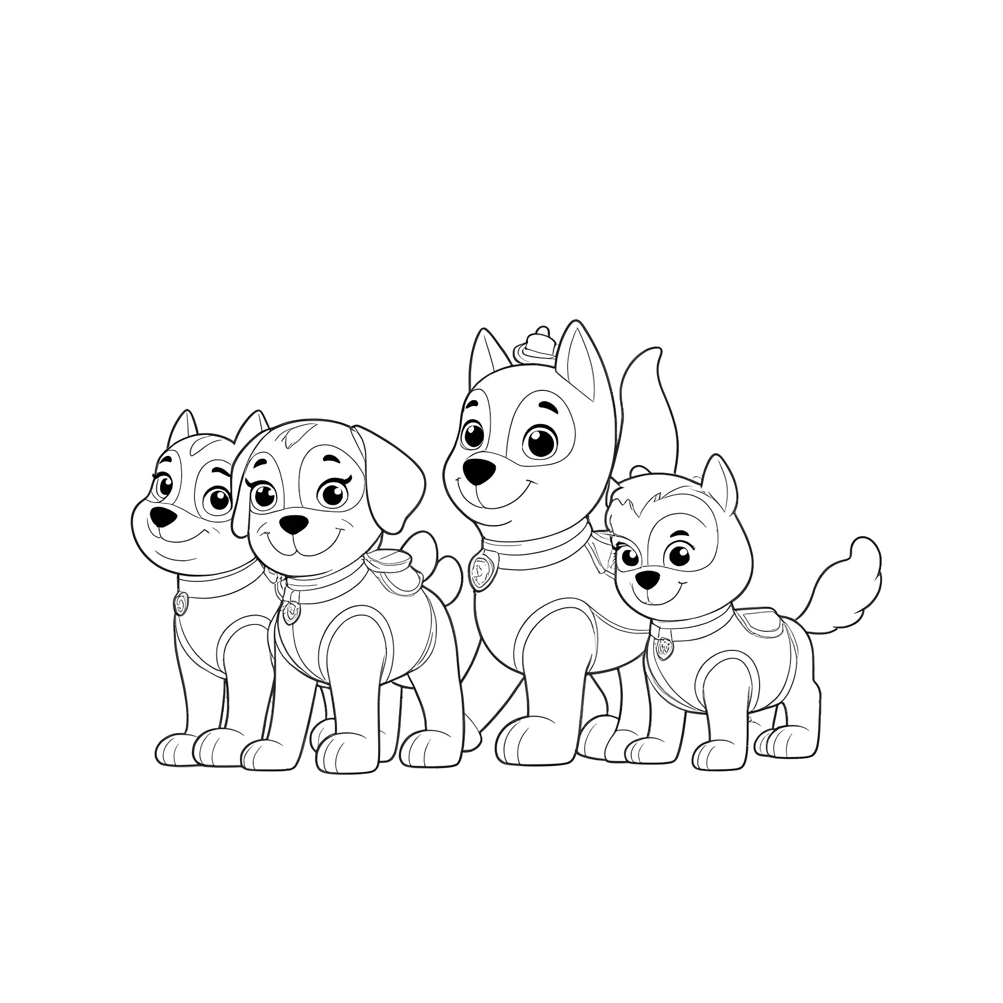 Paw Patrol characters in action pose Coloring Page (free black-and-white line drawing printable PDF for all, from beginners to advanced learners, including children, teens, adults, and seniors)