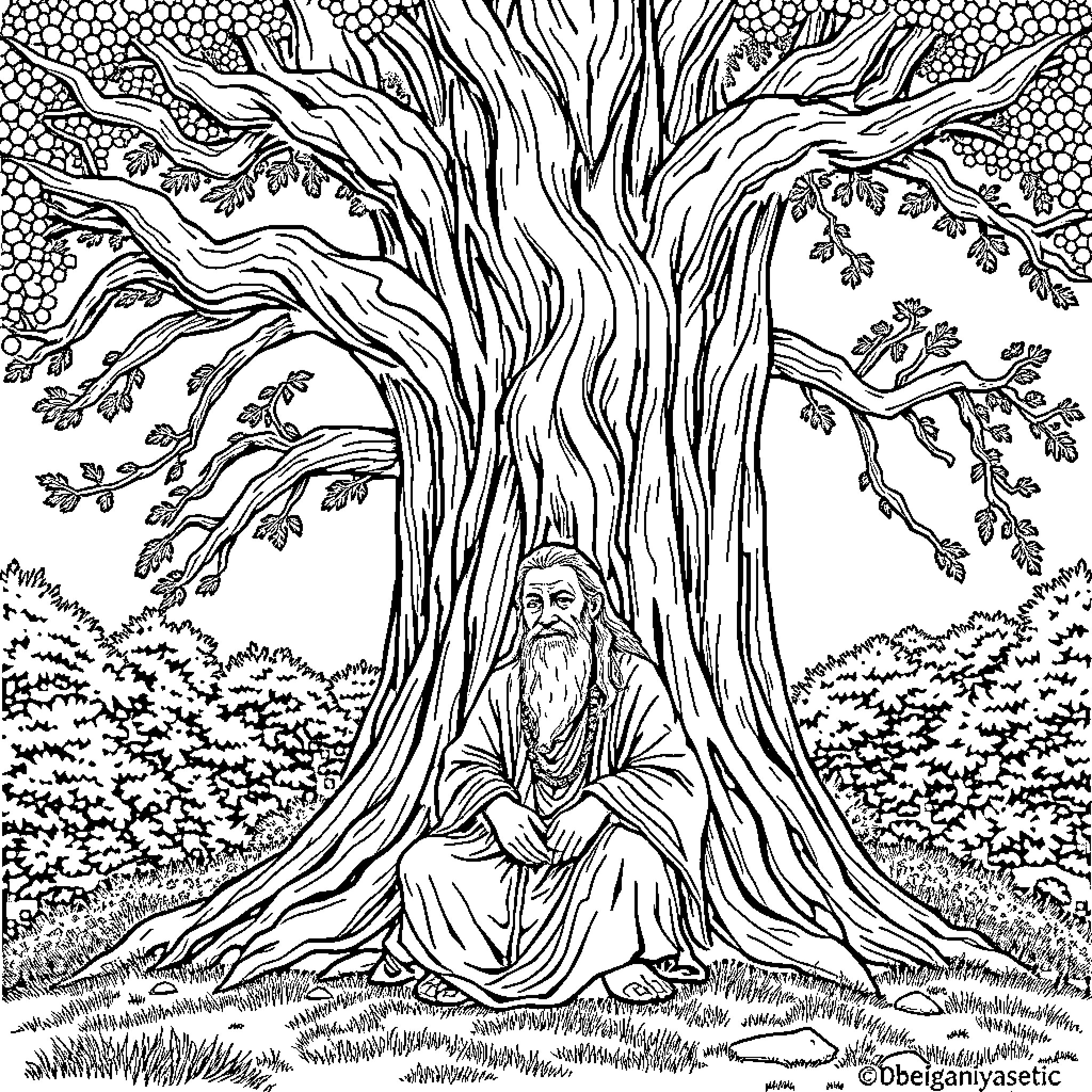 Mandala of a Wise Old Man Meditating under a Majestic Tree Coloring Page (free black-and-white line drawing printable PDF for all, from beginners to advanced learners, including children, teens, adults, and seniors)