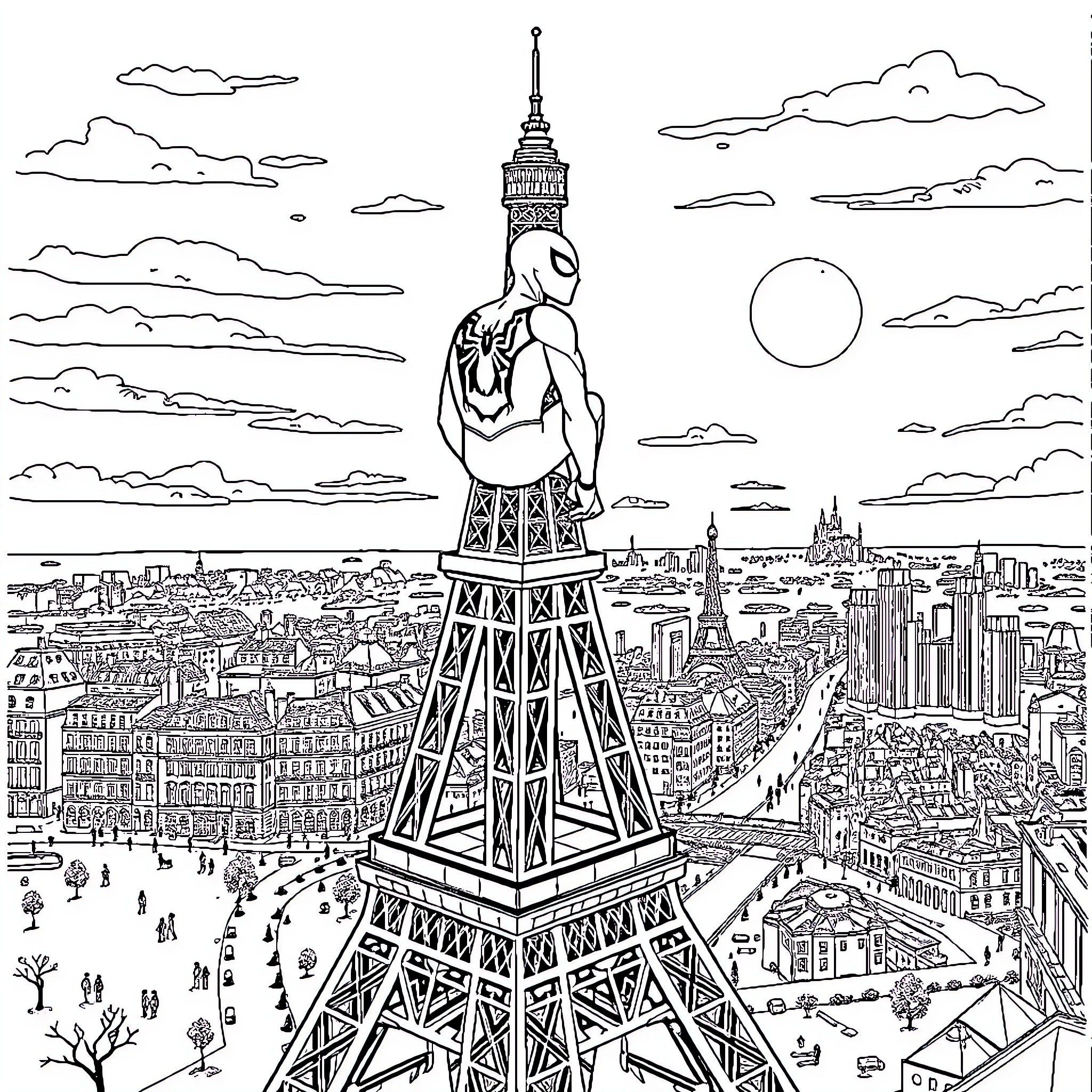 Spiderman overlooking the city of Paris Coloring Page (free black-and-white line drawing printable PDF for all, from beginners to advanced learners, including children, teens, adults, and seniors)