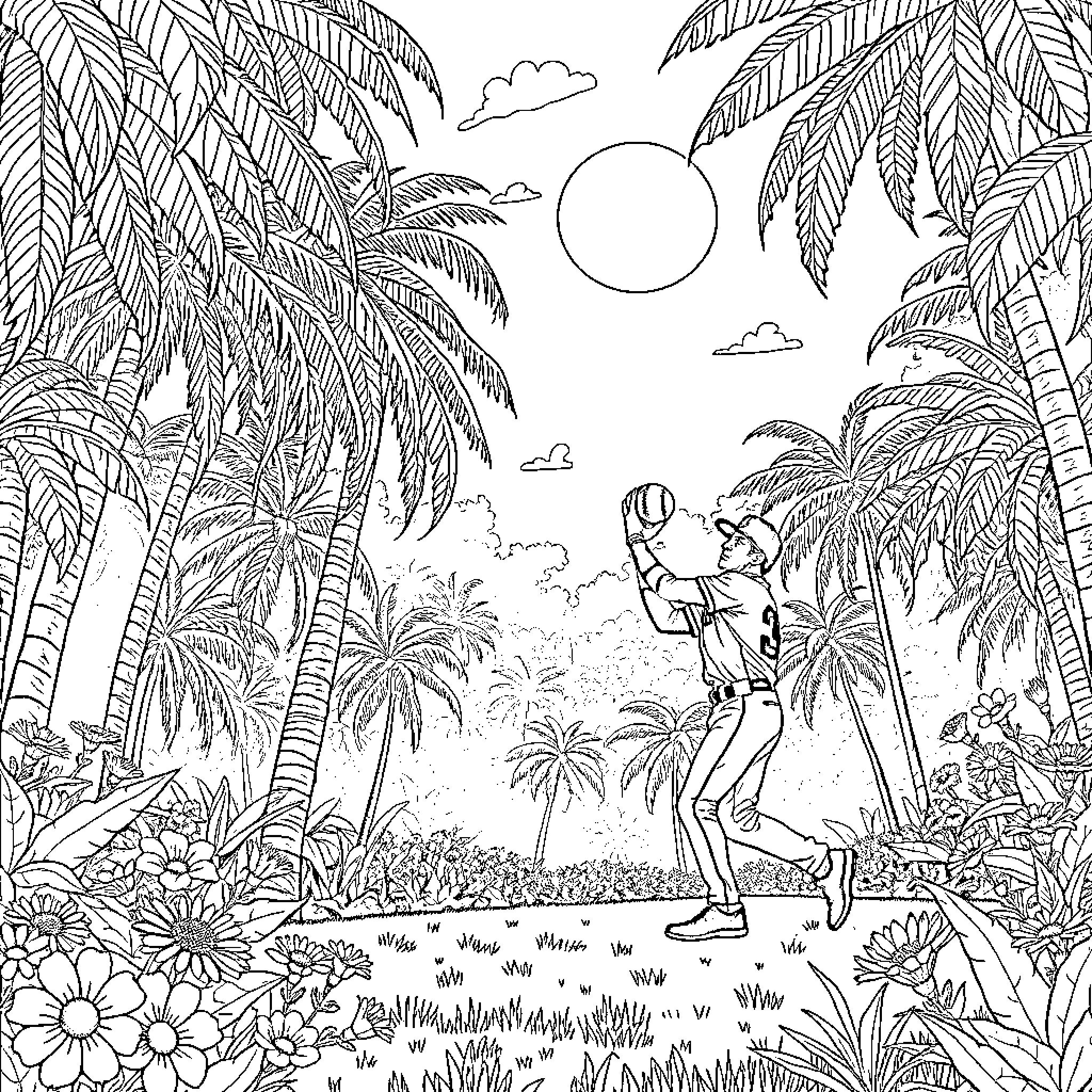 Manny Machado enjoying a tropical getaway Coloring Page (free black-and-white line drawing printable PDF for all, from beginners to advanced learners, including children, teens, adults, and seniors)
