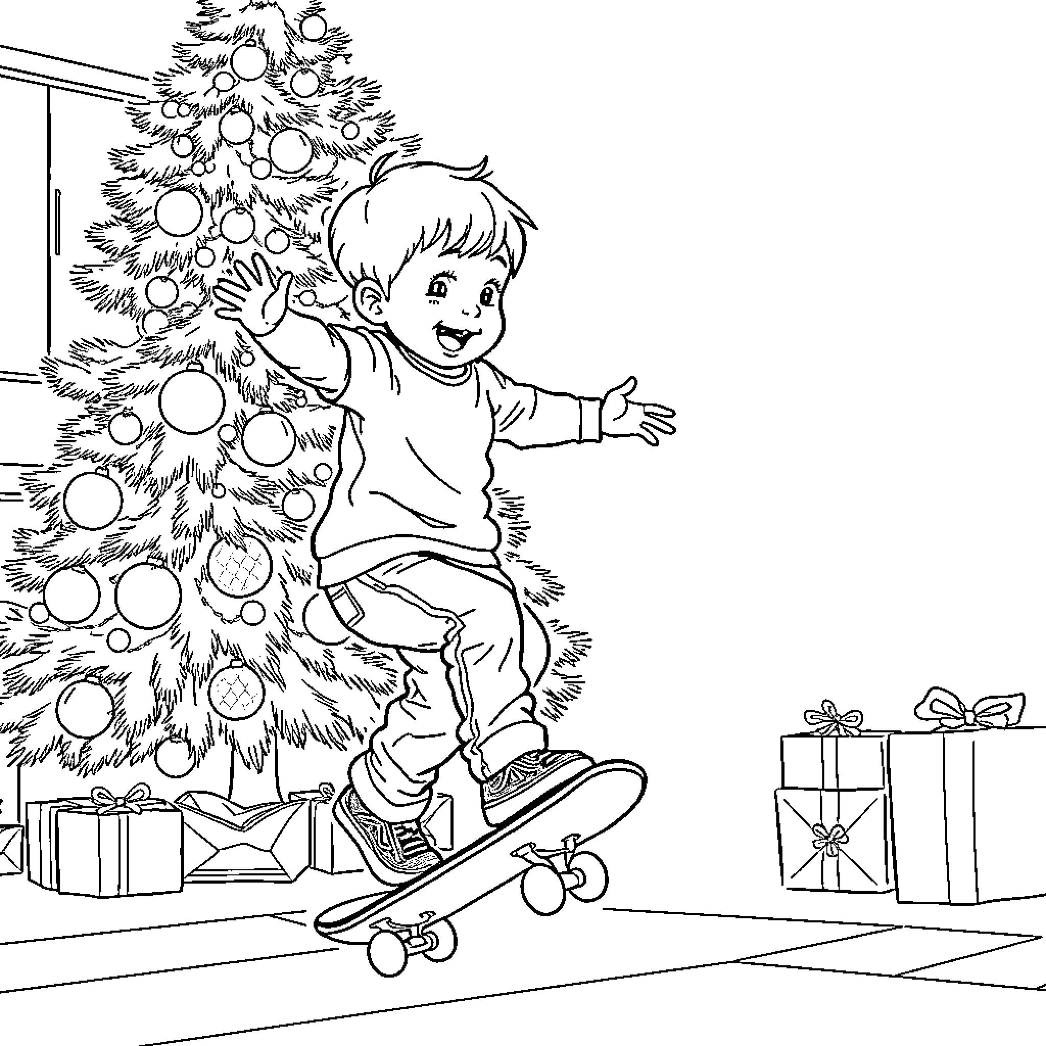 Child playing happily near Christmas tree with presents Coloring Page (free black-and-white line drawing printable PDF for all, from beginners to advanced learners, including children, teens, adults, and seniors)