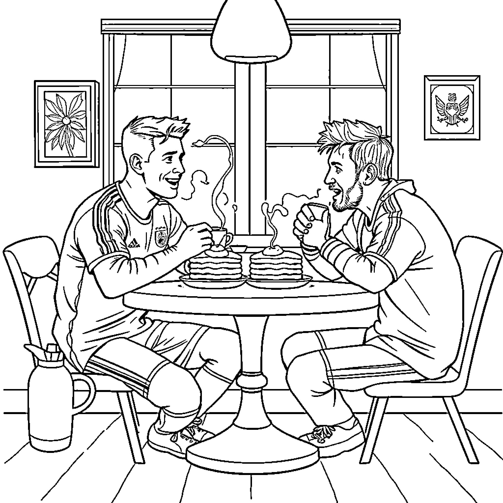 Ronaldo Sharing Pancakes with Friend in Cozy Diner Coloring Page (free black-and-white line drawing printable PDF for all, from beginners to advanced learners, including children, teens, adults, and seniors)