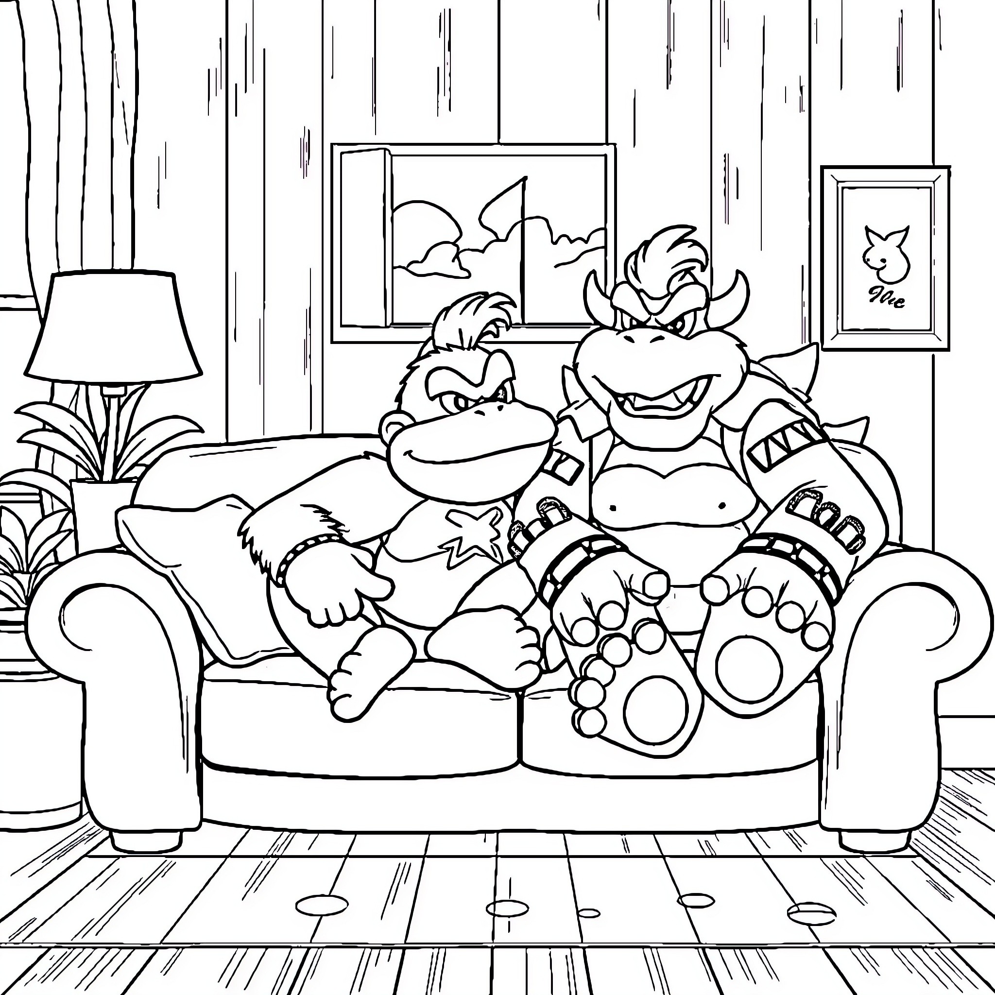 Donkey Kong and friends relaxing on the couch Coloring Page (free black-and-white line drawing printable PDF for all, from beginners to advanced learners, including children, teens, adults, and seniors)