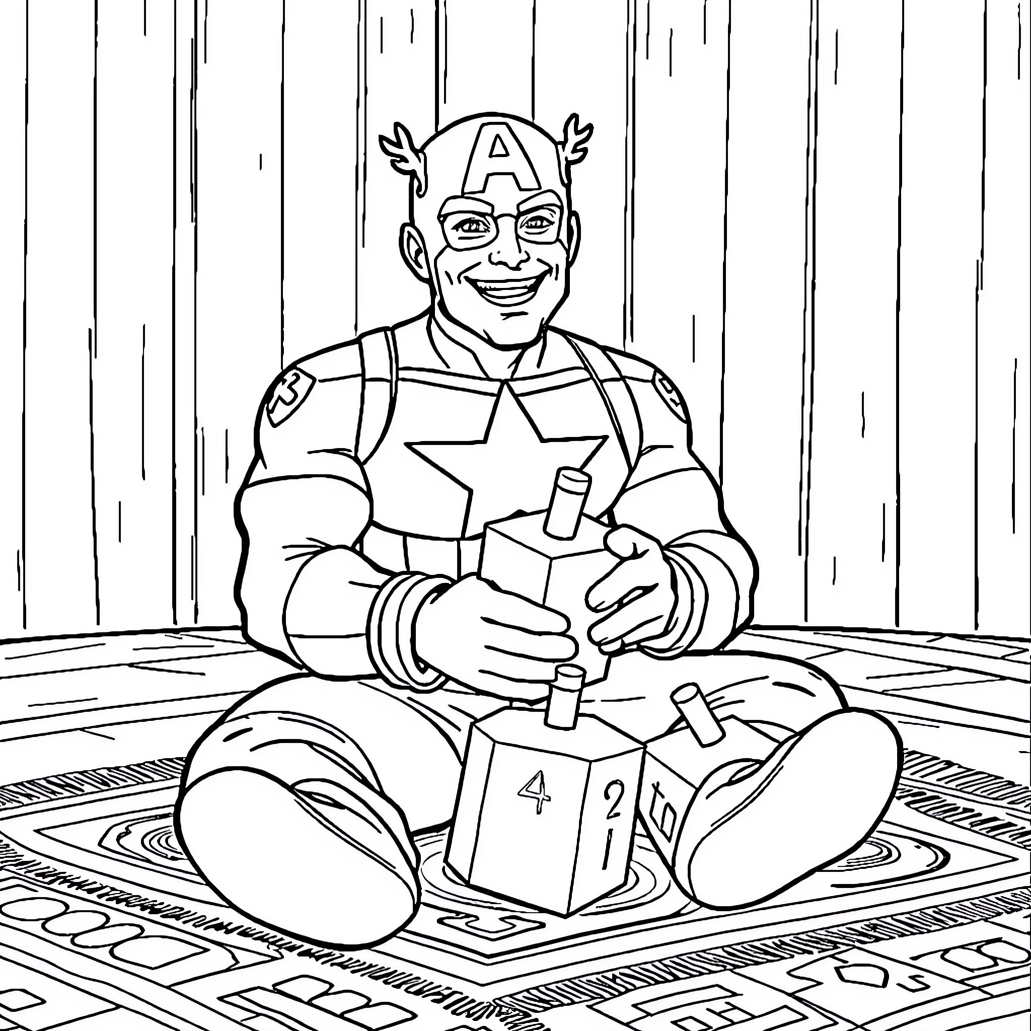 Captain America Playing with Toys in the Sanctum Coloring Page (free black-and-white line drawing printable PDF for all, from beginners to advanced learners, including children, teens, adults, and seniors)