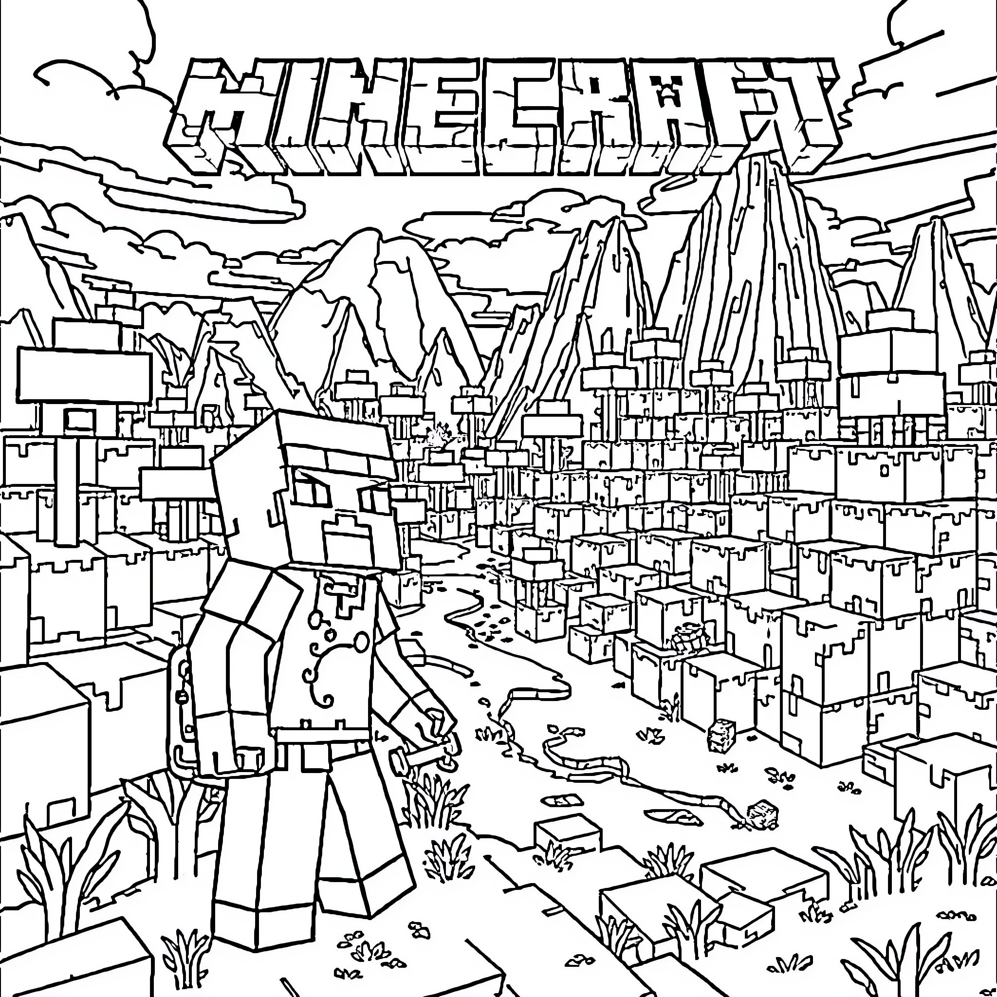 Minecraft adventurer exploring a vast landscape Coloring Page (free black-and-white line drawing printable PDF for all, from beginners to advanced learners, including children, teens, adults, and seniors)