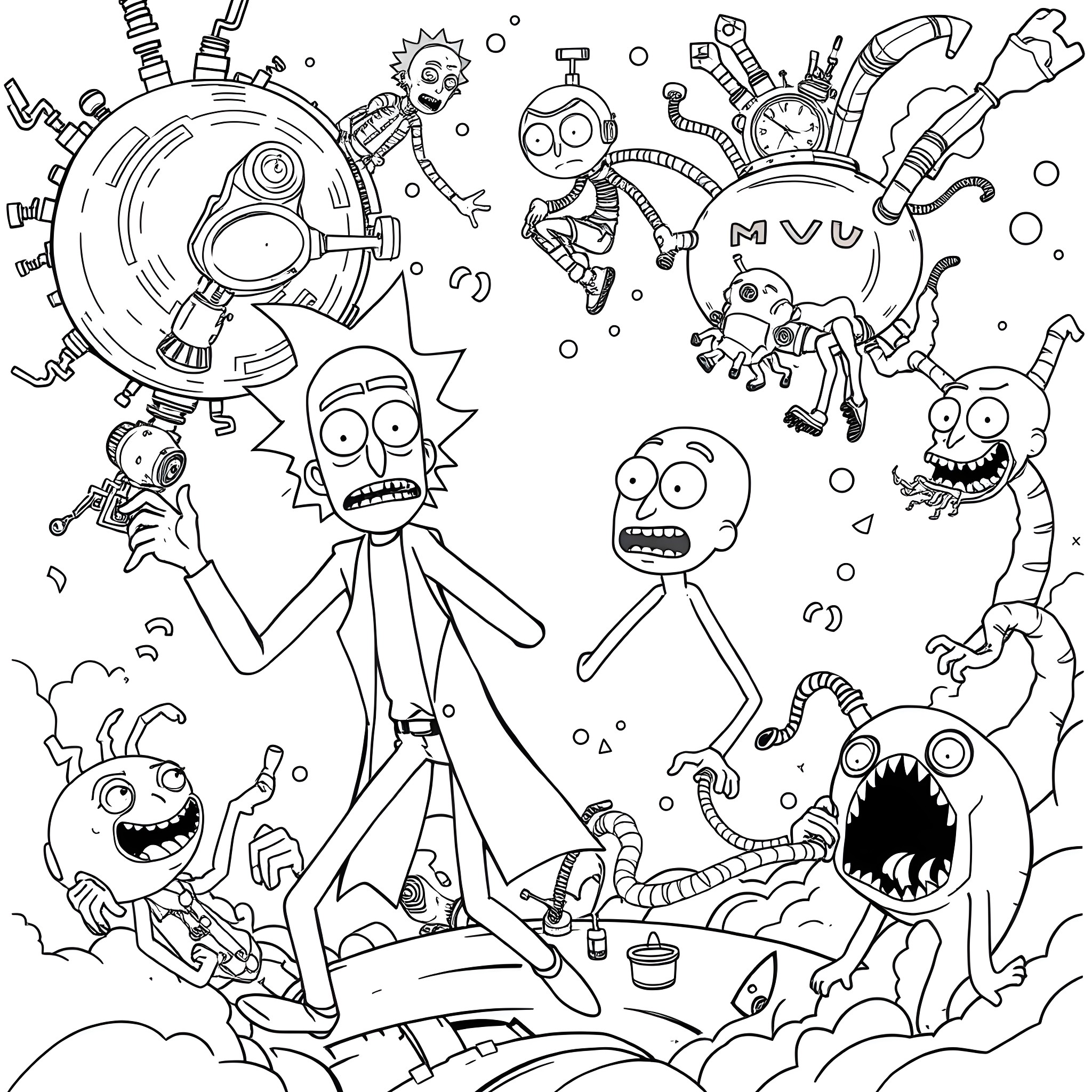 Rick And Morty in Crazy Sci-Fi Adventure Coloring Page (free black-and-white line drawing printable PDF for all, from beginners to advanced learners, including children, teens, adults, and seniors)