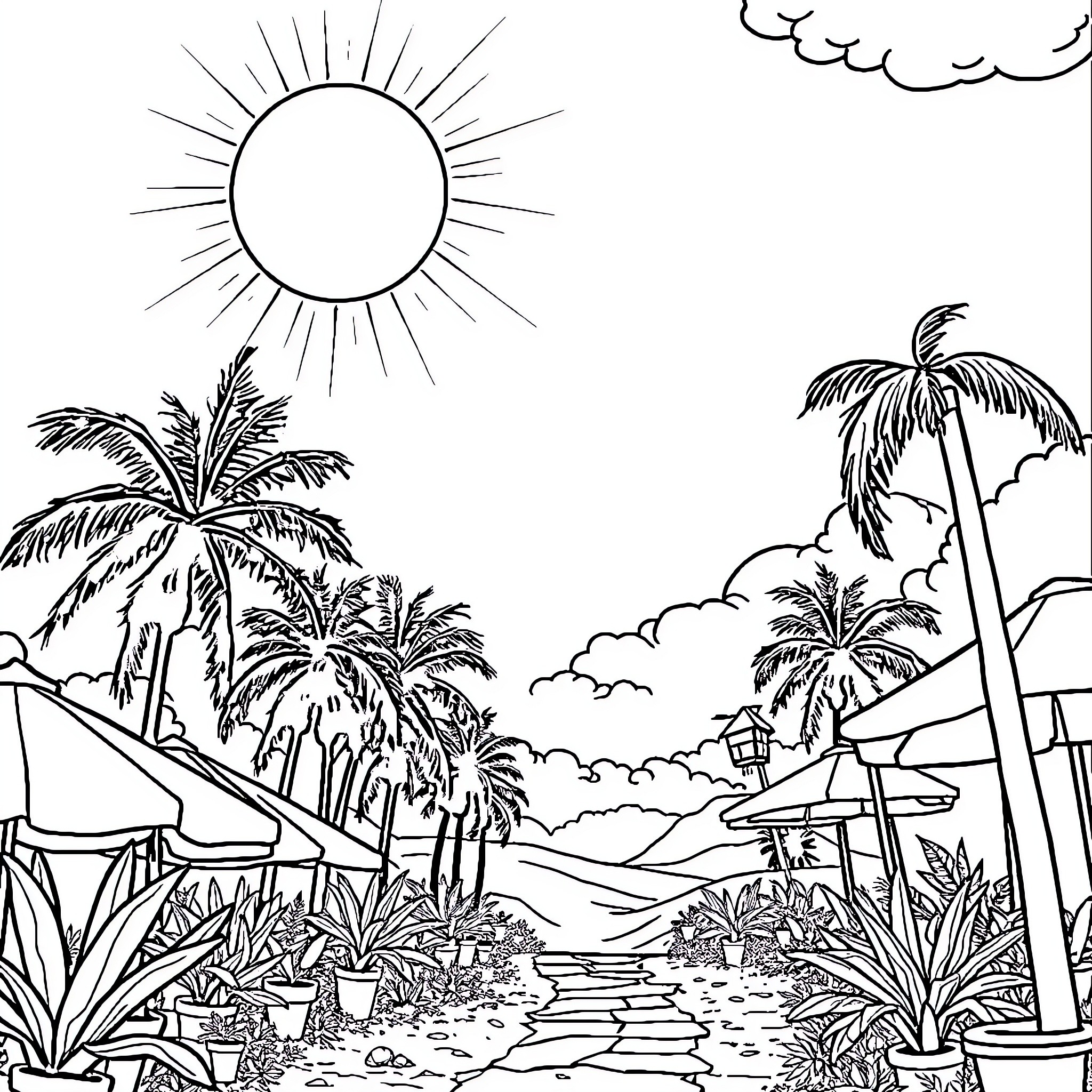 Hot tropical beach landscape with palm trees Coloring Page (free black-and-white line drawing printable PDF for all, from beginners to advanced learners, including children, teens, adults, and seniors)