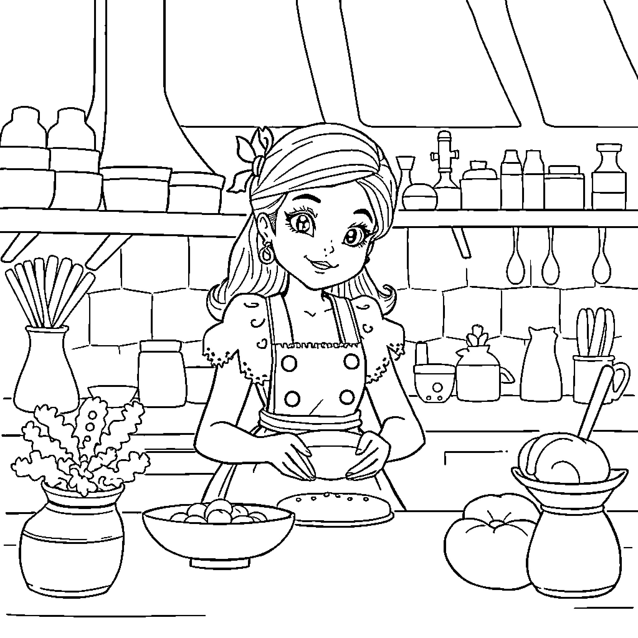Mira de Hentrix Cooking in the Kitchen Coloring Page (free black-and-white line drawing printable PDF for all, from beginners to advanced learners, including children, teens, adults, and seniors)